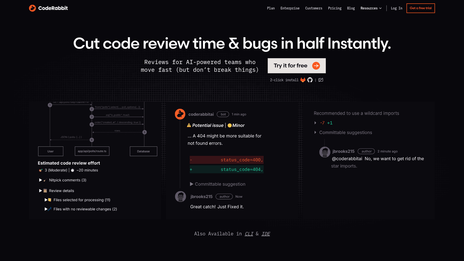 Interface CodeRabbit, Reduza o tempo de revisão de código e bugs, exibindo funcionalidades