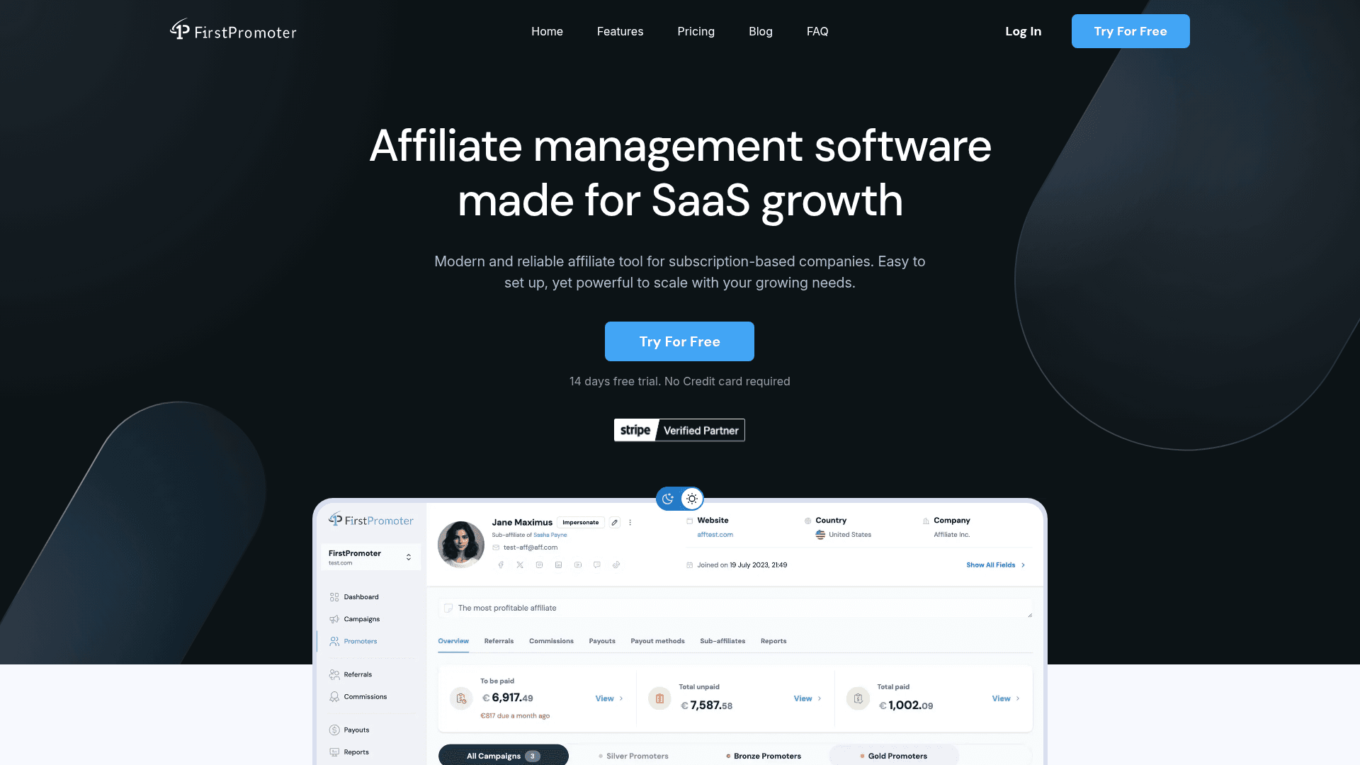 Interface FirstPromoter, Software de Gestão de Afiliados para SaaS, exibindo funcionalidades