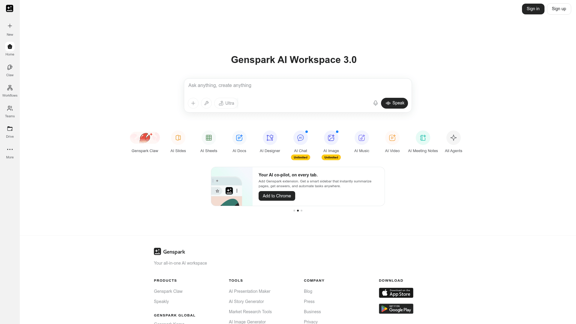 Interface Genspark AI Workspace 3.0, Seu Assistente de IA Completo, exibindo funcionalidades