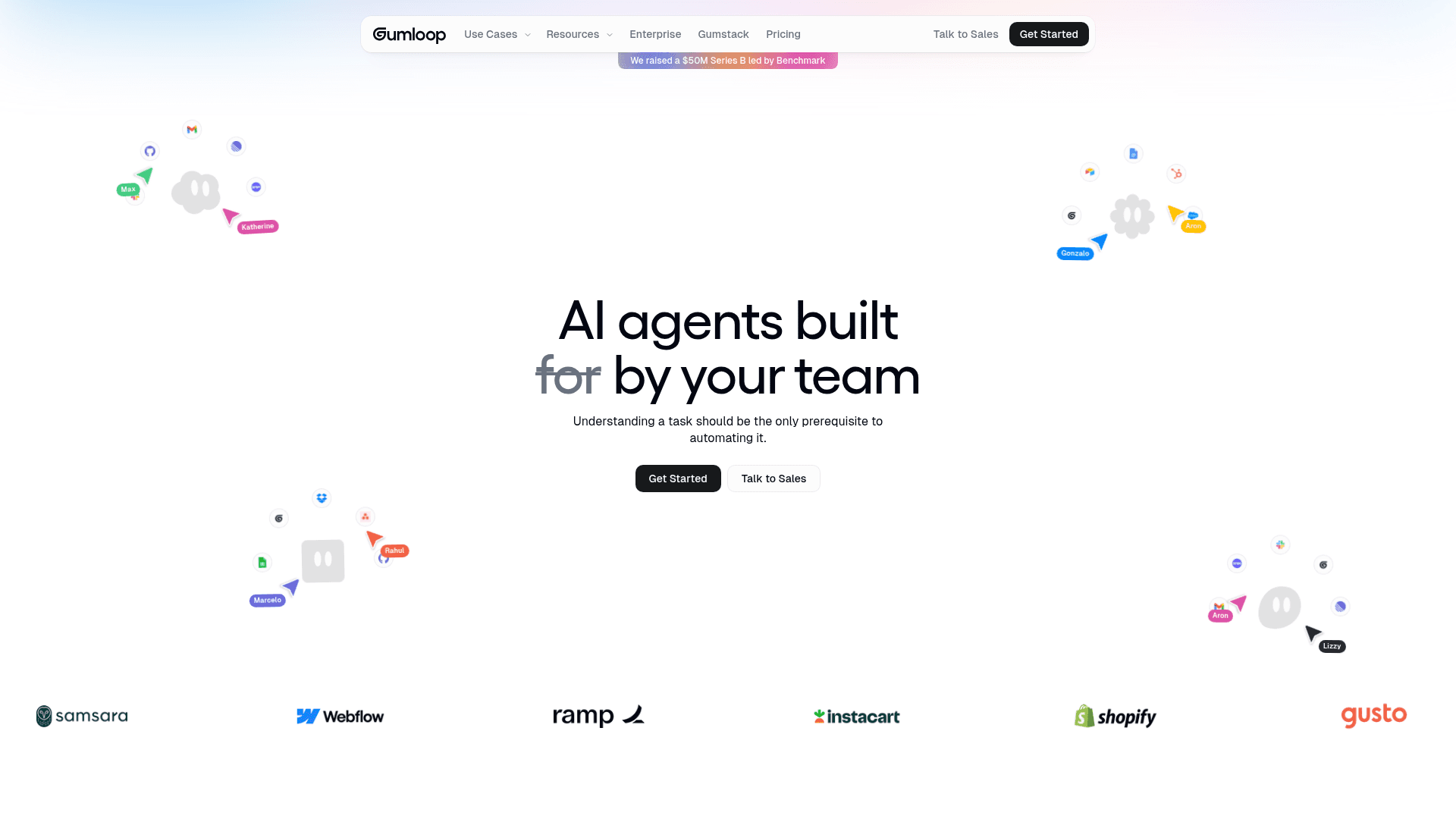 Interface Gumloop, Agentes de IA customizados para sua equipe, exibindo funcionalidades