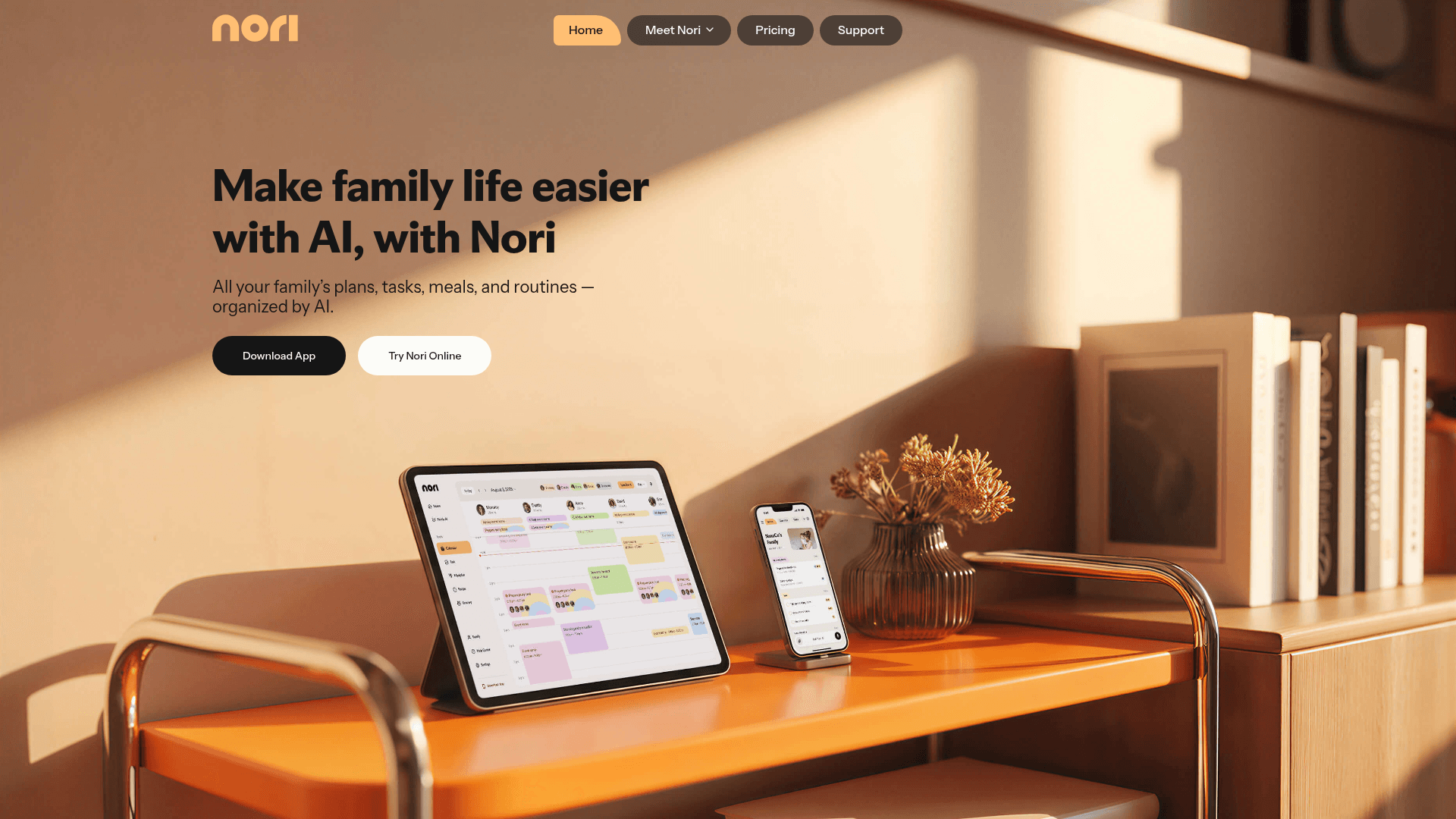 Interface Nori, Facilite a Vida Familiar com IA, exibindo funcionalidades