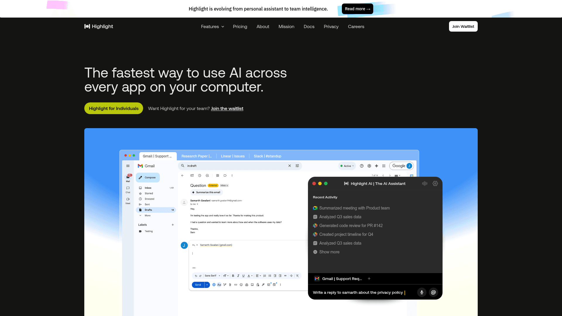 Interface Highlight AI, A maneira mais rápida de usar IA em todos os seus aplicativos., exibindo funcionalidades