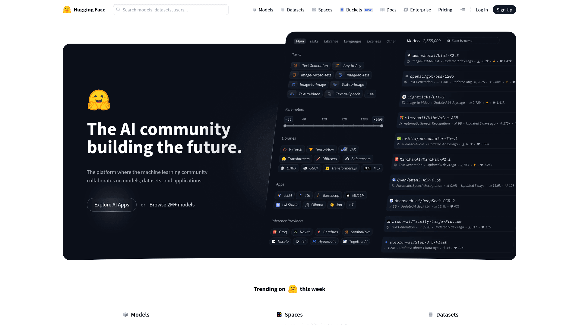 Interface Hugging Face, A comunidade de IA construindo o futuro, exibindo funcionalidades