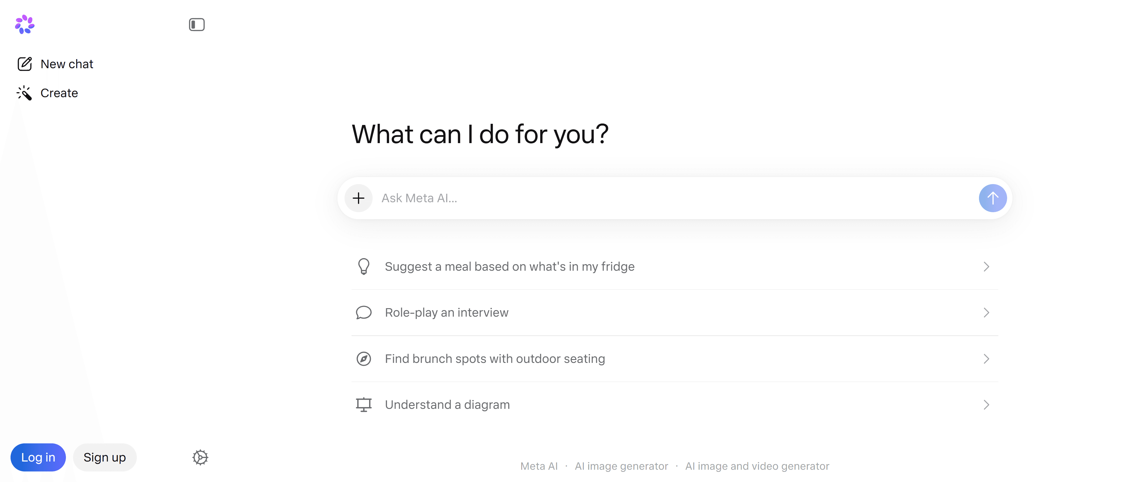 Interface Meta AI, Seu Assistente de IA para o Dia a Dia, exibindo funcionalidades