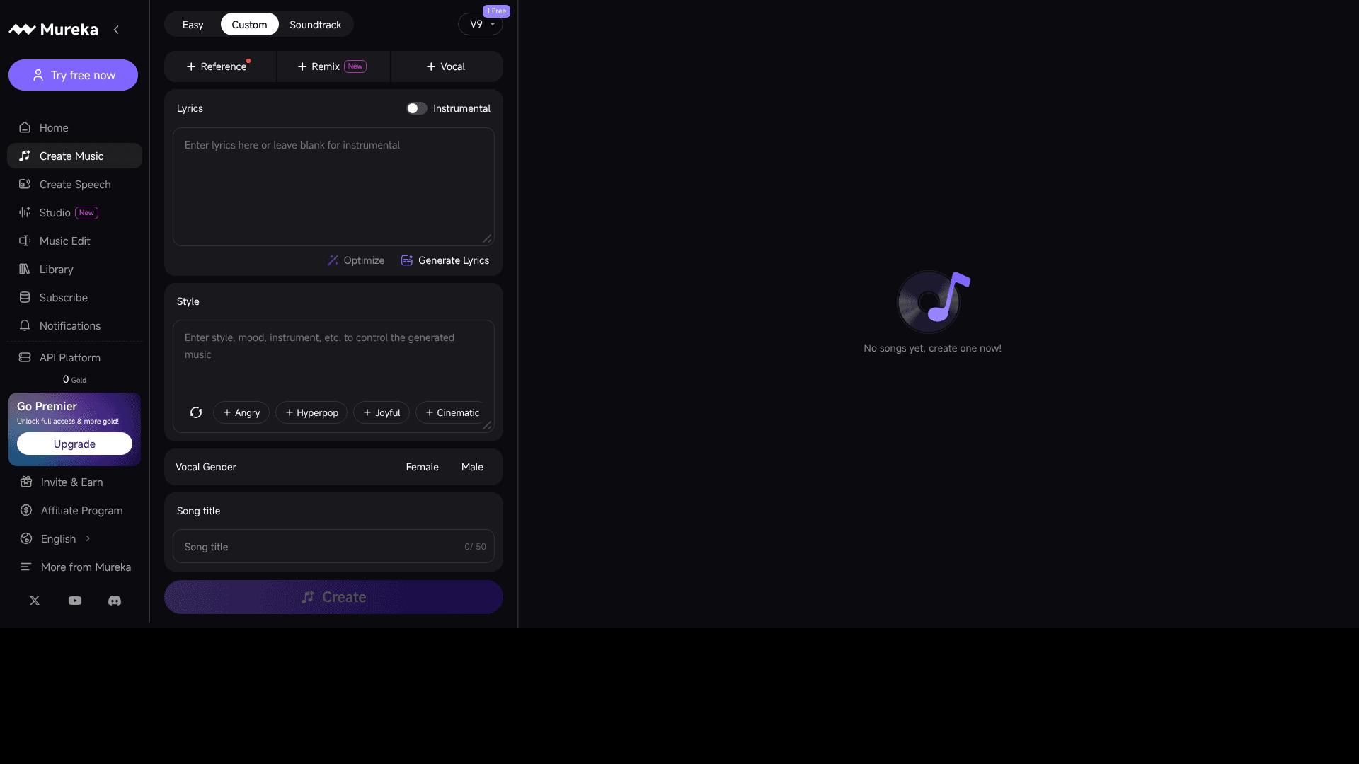 Interface Mureka, Crie músicas e voz com inteligência artificial, exibindo funcionalidades