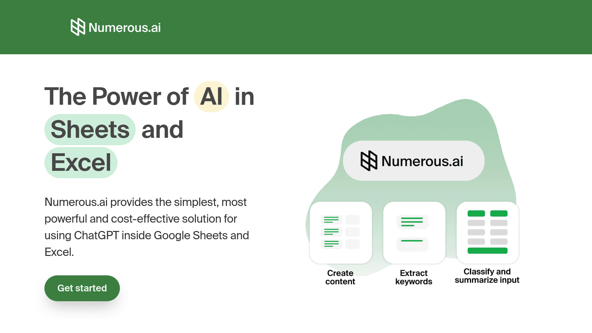 Interface Numerous.ai, O Poder da IA em Planilhas, exibindo funcionalidades