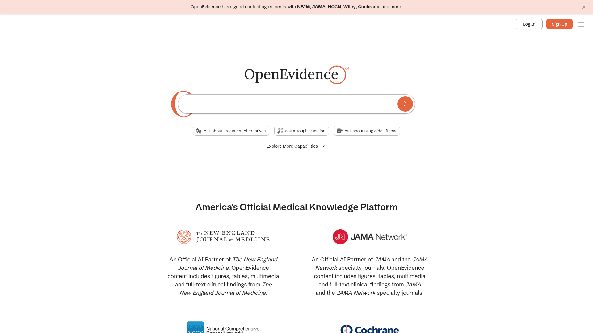 Interface OpenEvidence, Sua Plataforma Oficial de Conhecimento Médico, exibindo funcionalidades