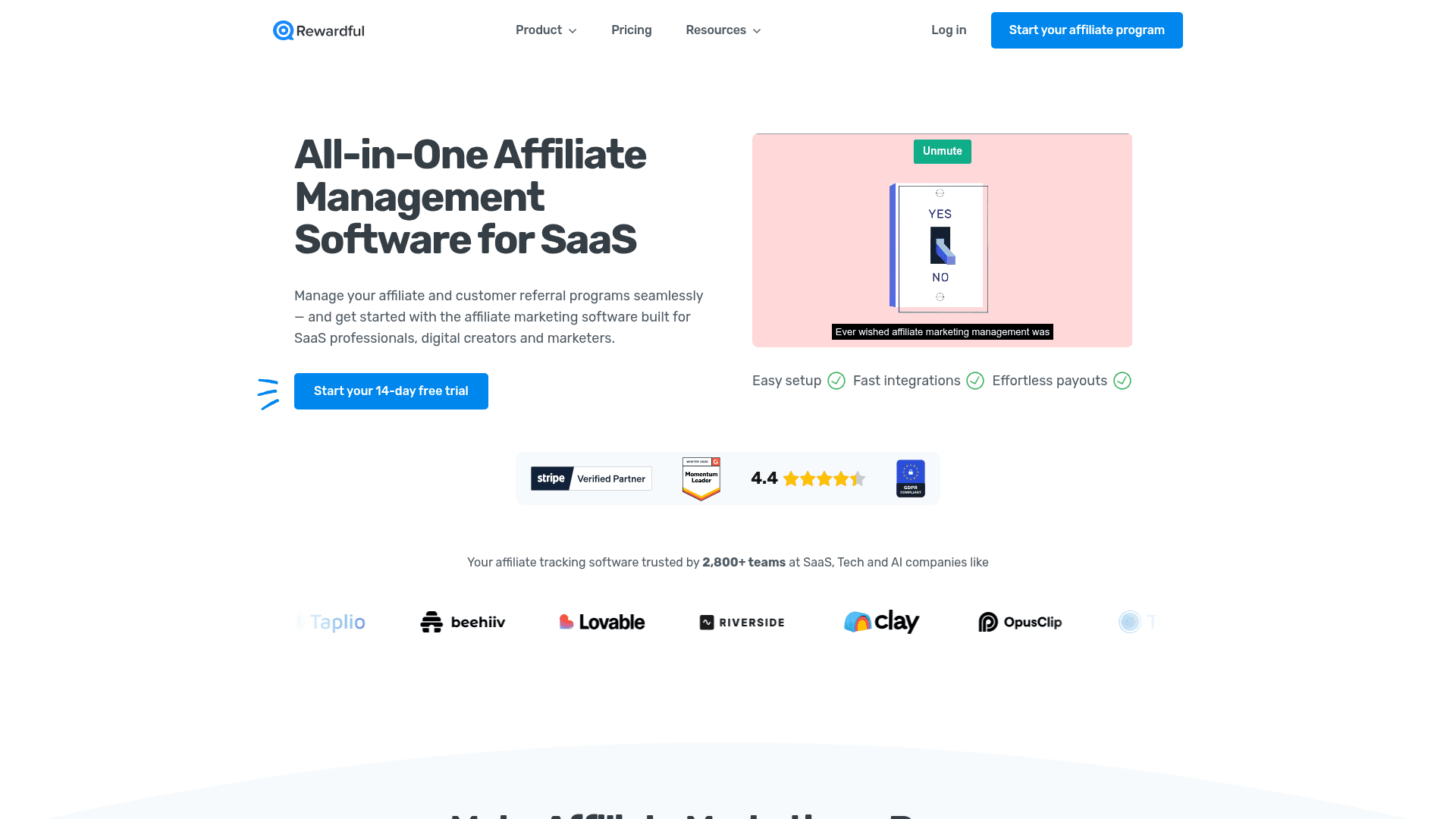 Interface Rewardful, Software de Afiliados para SaaS, exibindo funcionalidades