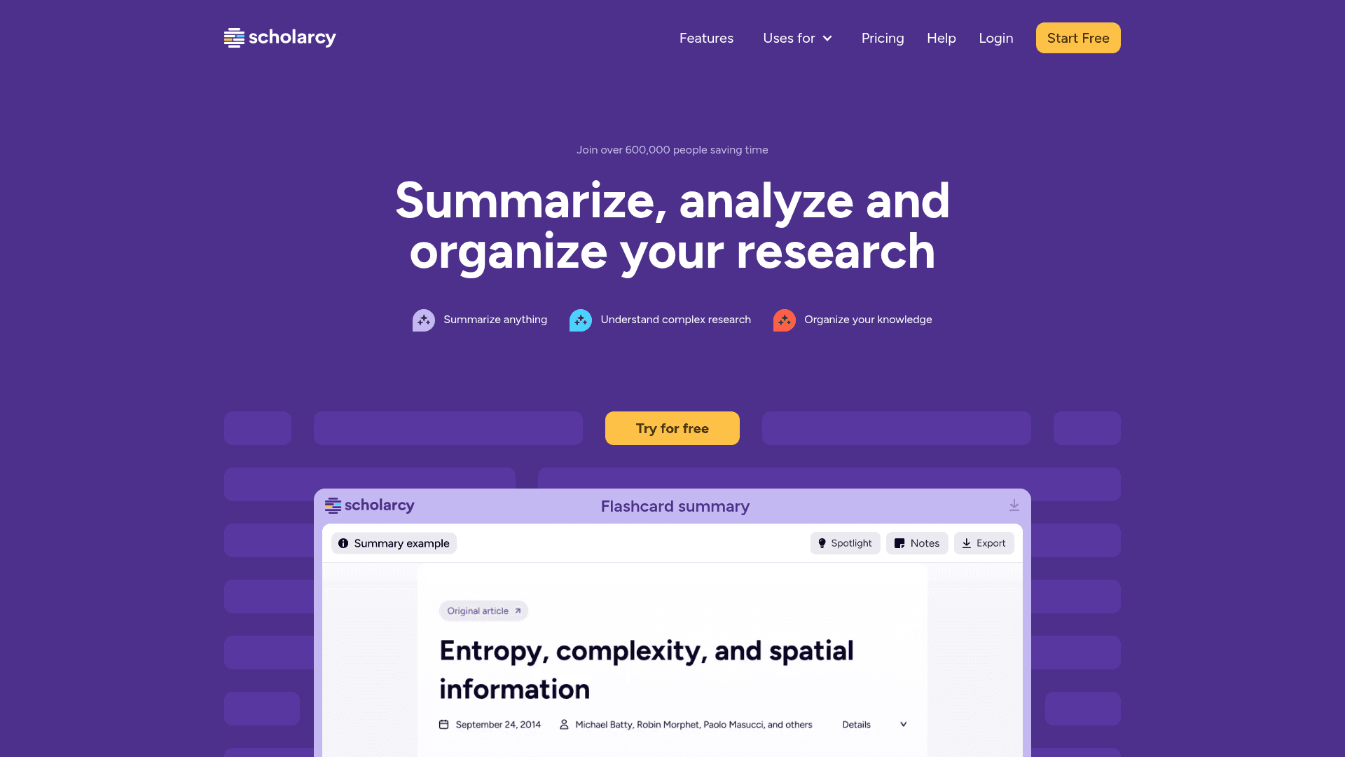 Interface Scholarcy, Revolucione Seu Fluxo de Trabalho de Pesquisa, exibindo funcionalidades