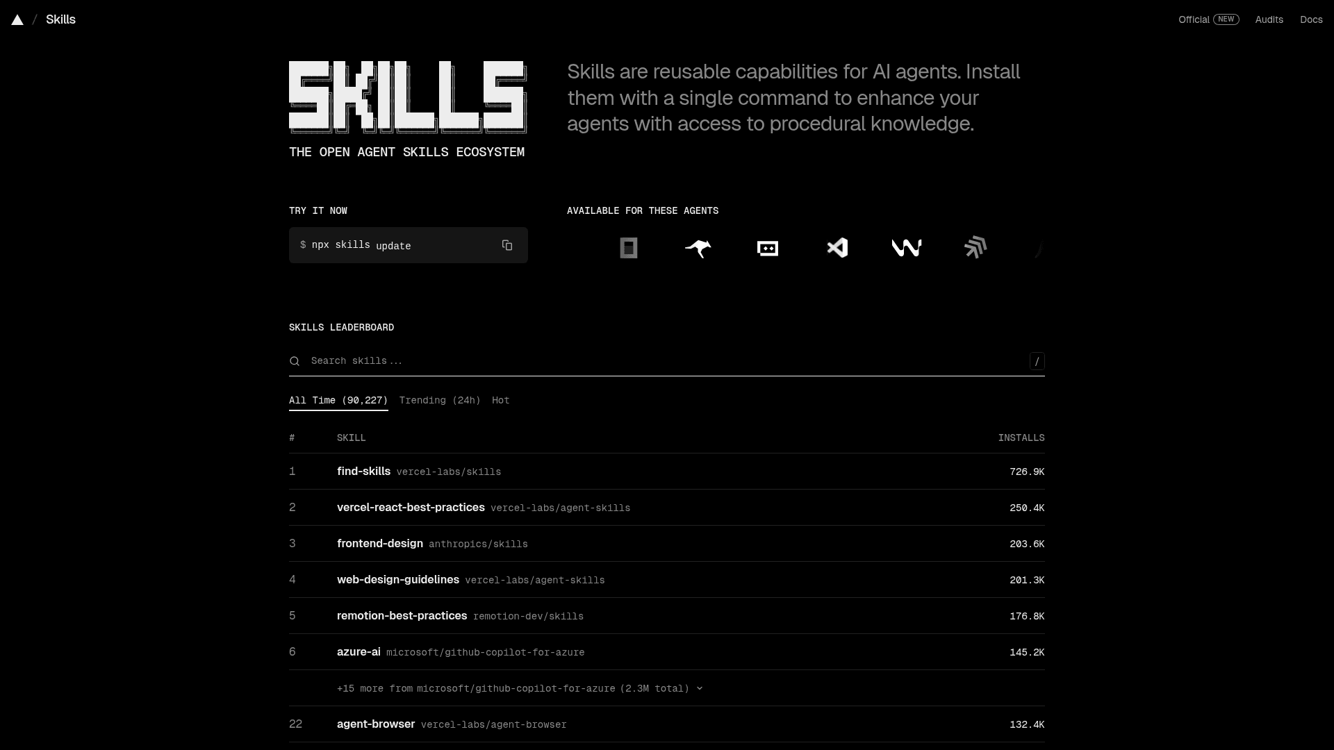 Interface Skills, Ecossistema Aberto para Agentes de IA, exibindo funcionalidades