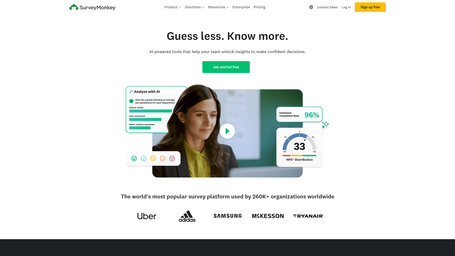 Interface SurveyMonkey, Potencialize insights com IA, exibindo funcionalidades