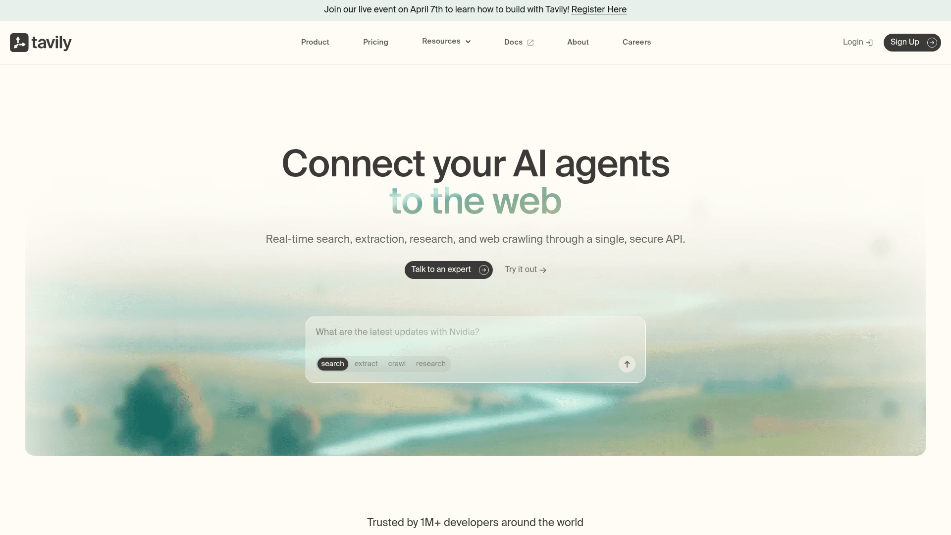 Interface Tavily, Conecte Seus Agentes de IA à Web, exibindo funcionalidades