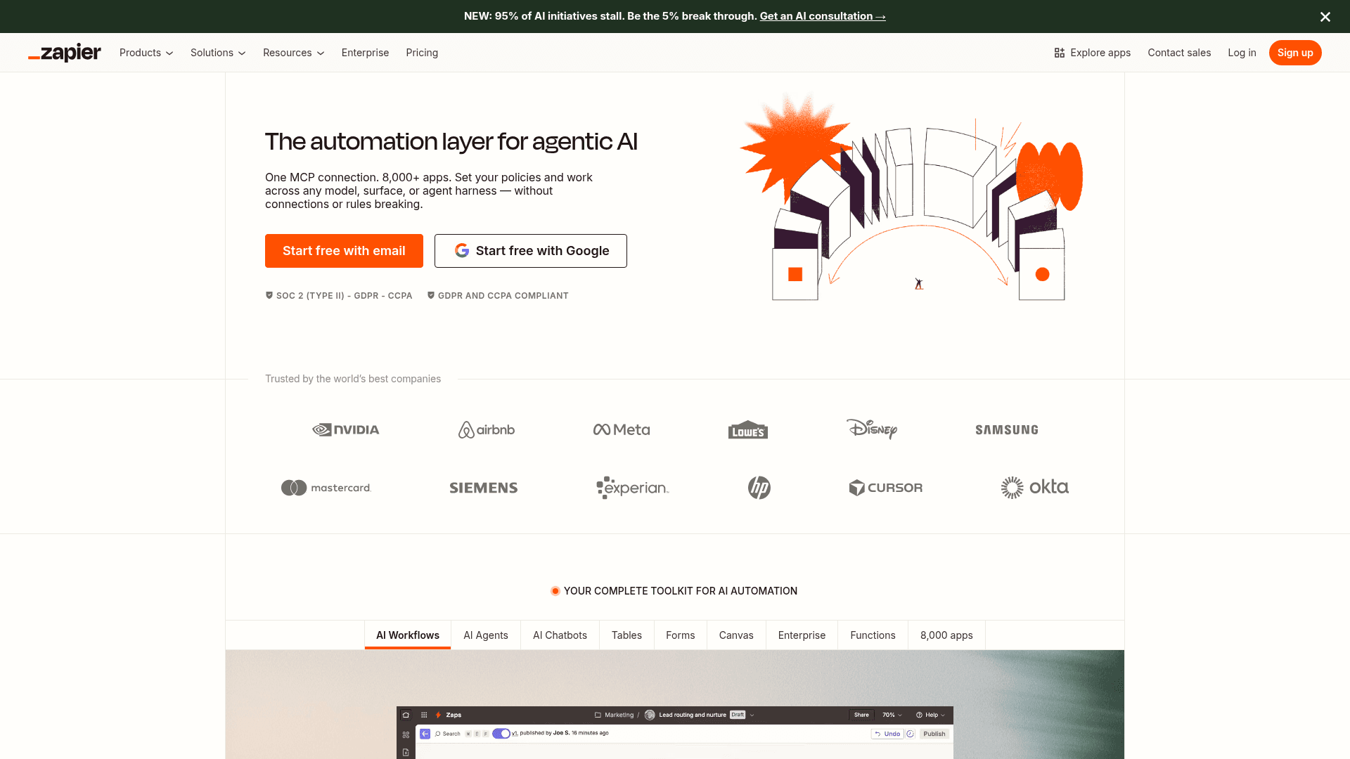 Interface Zapier, Automatize Tarefas e Conecte Aplicativos com IA, exibindo funcionalidades