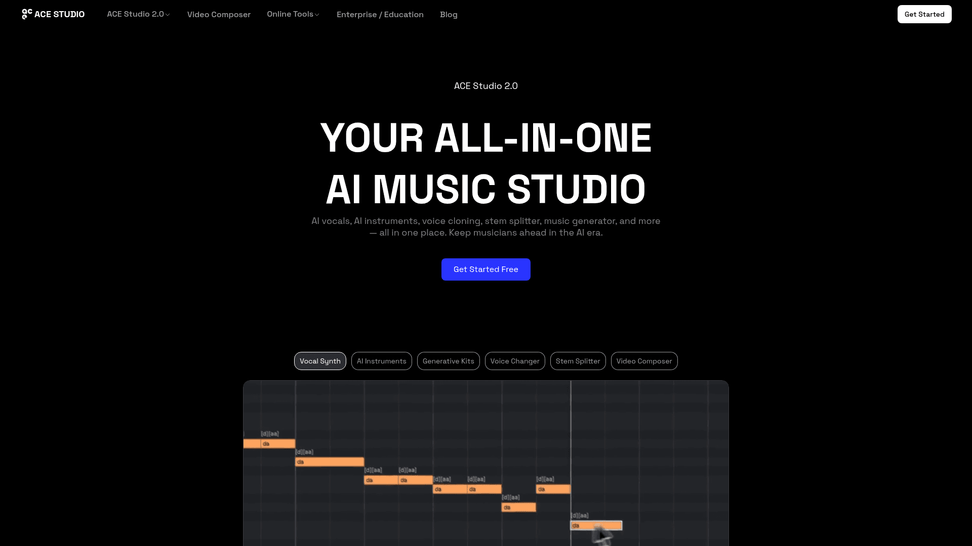 Interface ACE Studio 2.0, Seu Estúdio de Música IA Tudo-em-Um, exibindo funcionalidades