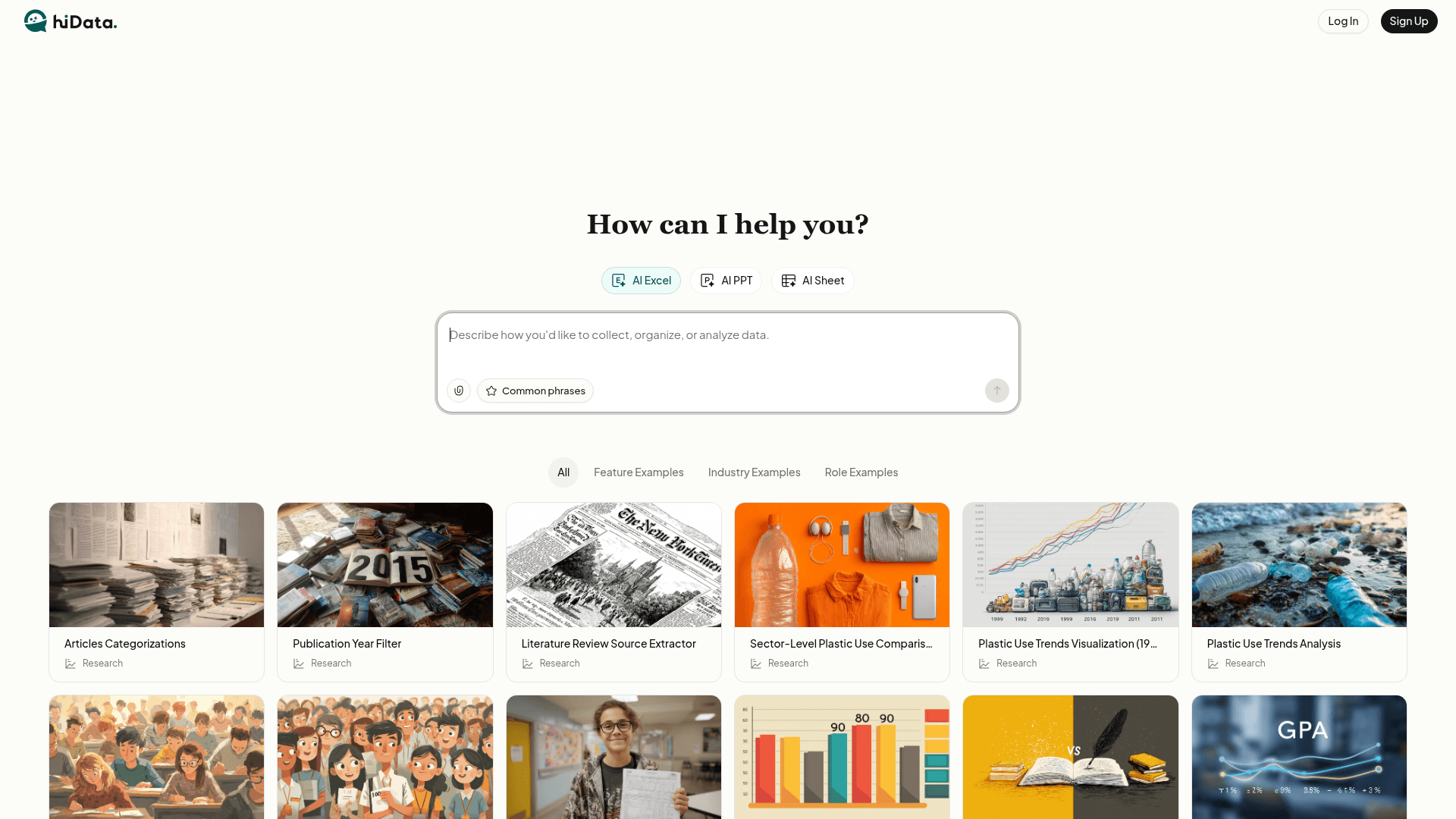 Interface HiData, Plataforma de IA para Excel, PPT e Planilhas, exibindo funcionalidades