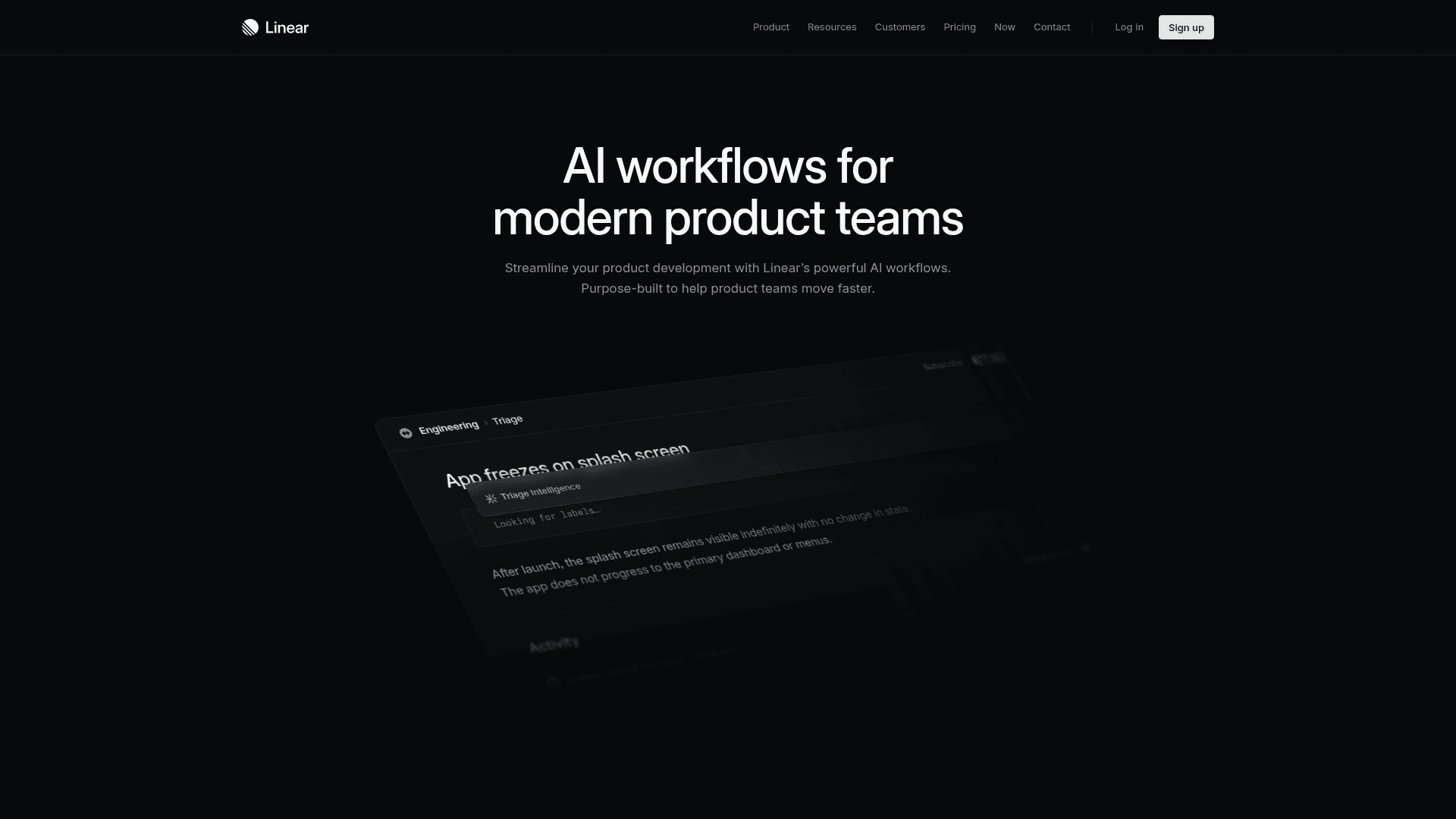 Interface Linear AI, Fluxos de trabalho inteligentes para equipes de produto, exibindo funcionalidades