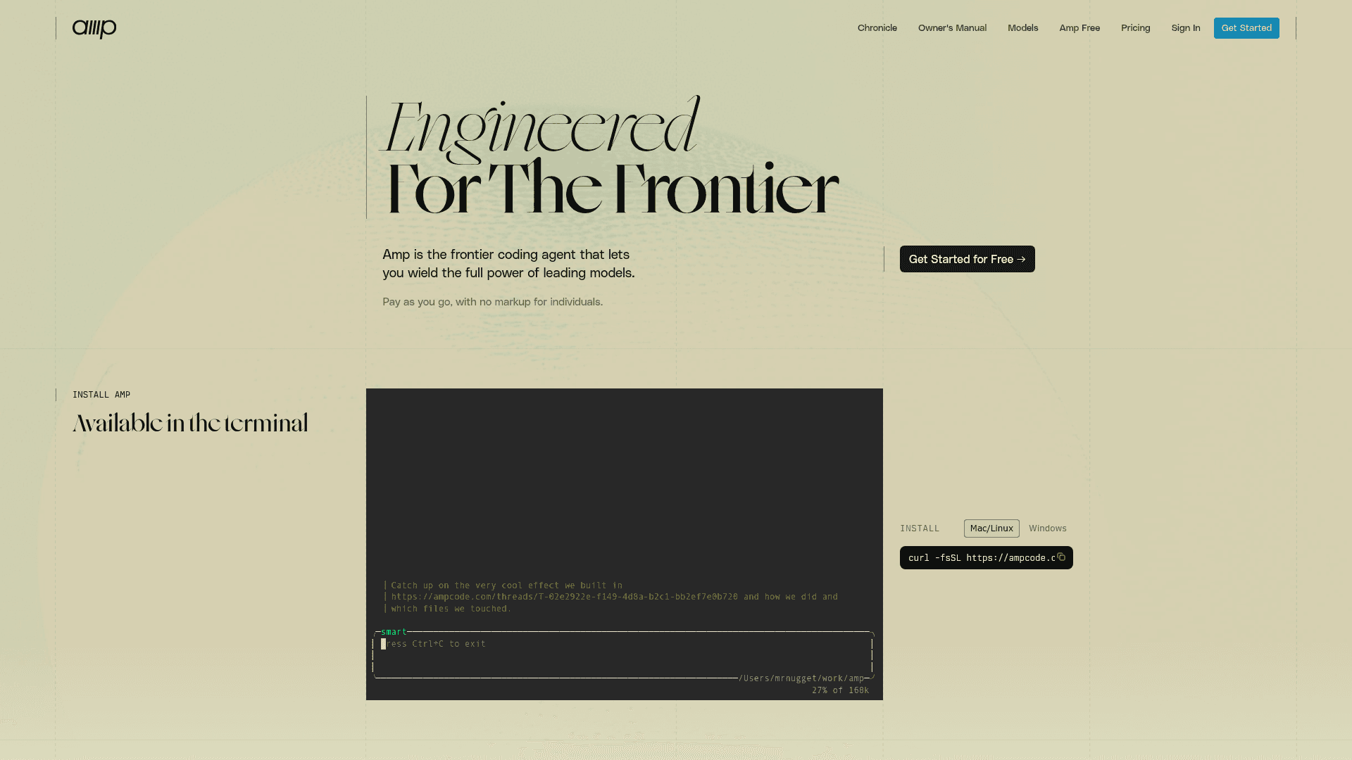 Interface Amp, Agente de Codificação na Fronteira da IA, exibindo funcionalidades