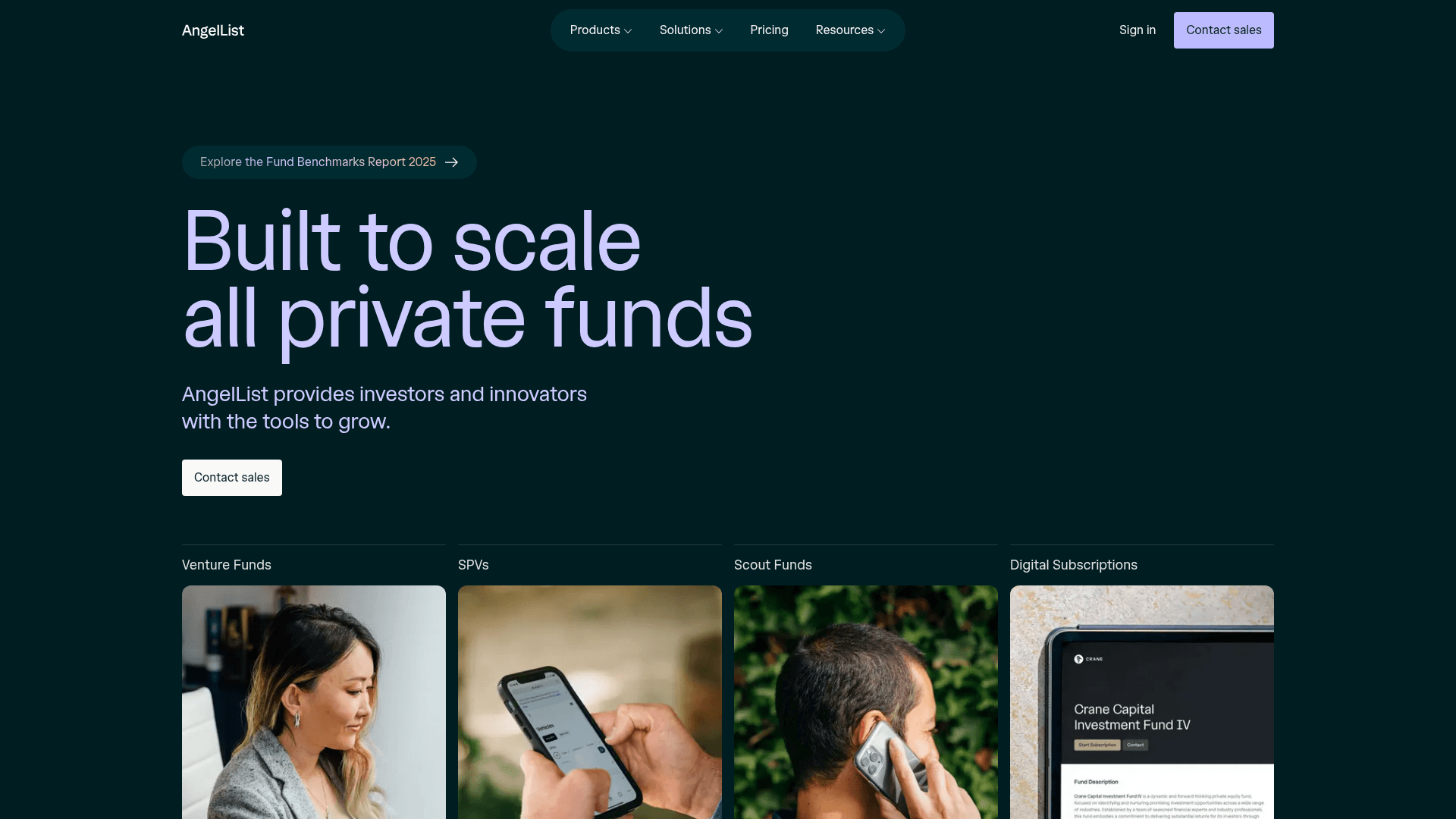 Interface AngelList, Ferramentas para Fundos Privados, exibindo funcionalidades