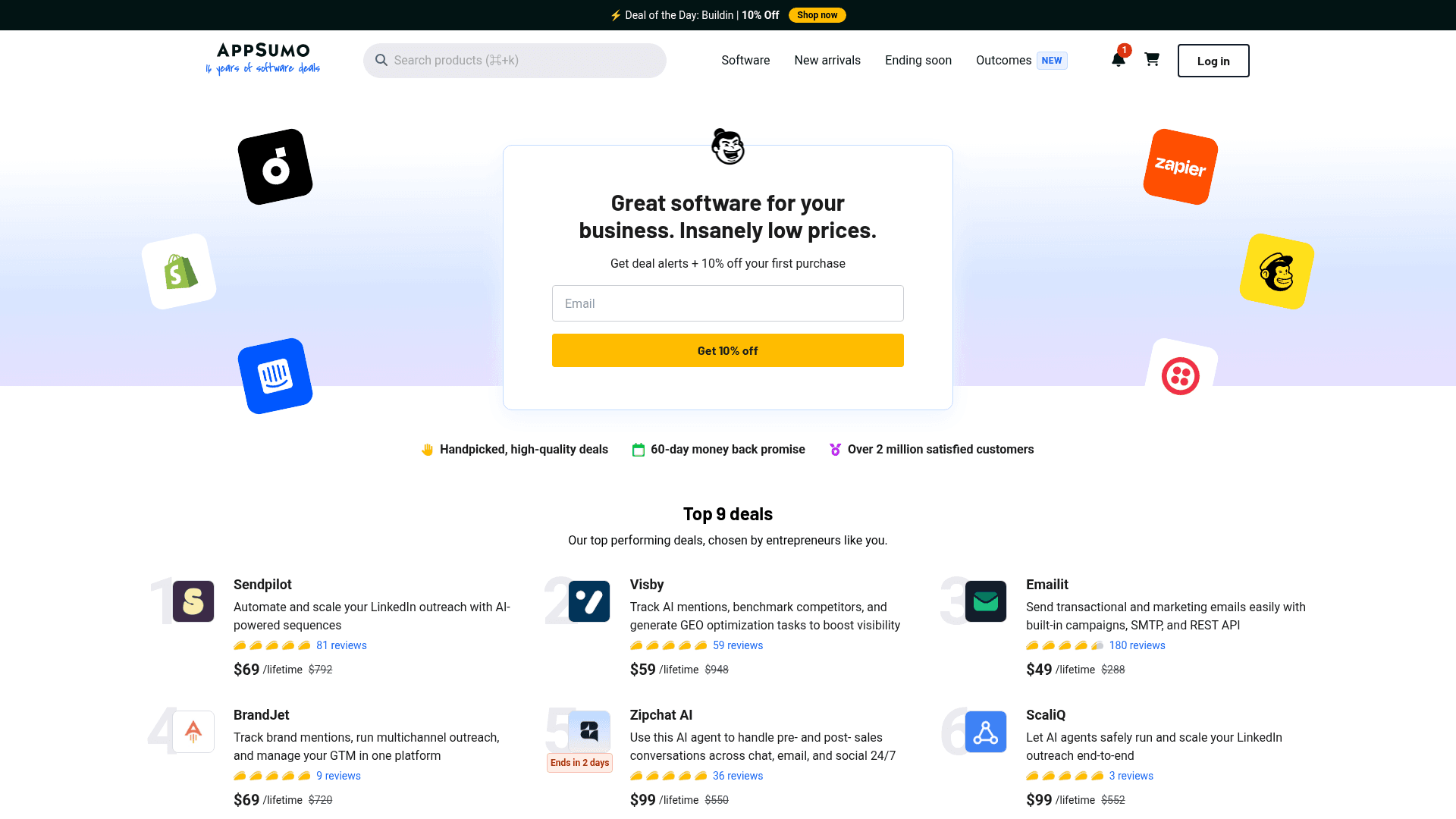 Interface AppSumo, Software de ponta para o seu negócio, exibindo funcionalidades