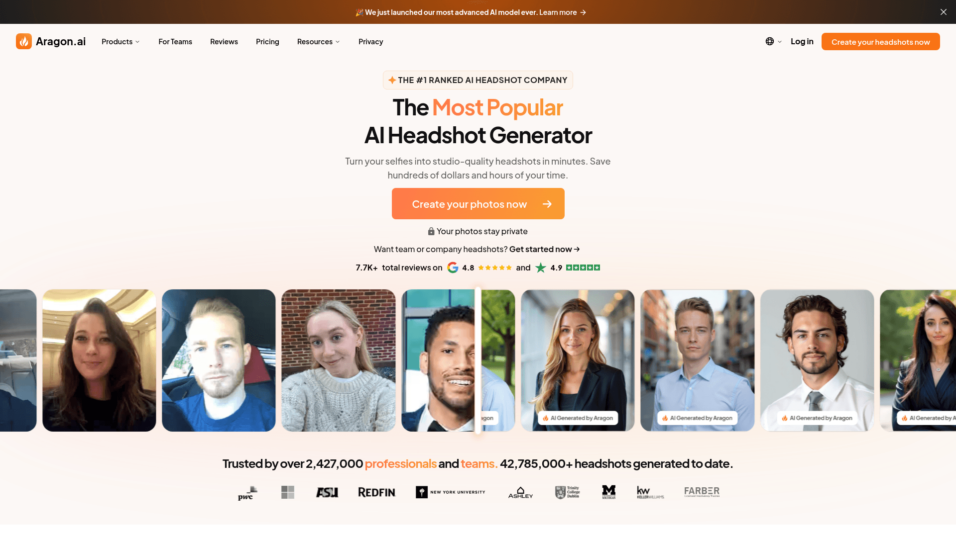 Interface Aragon AI, Gerador de Headshots com IA, exibindo funcionalidades