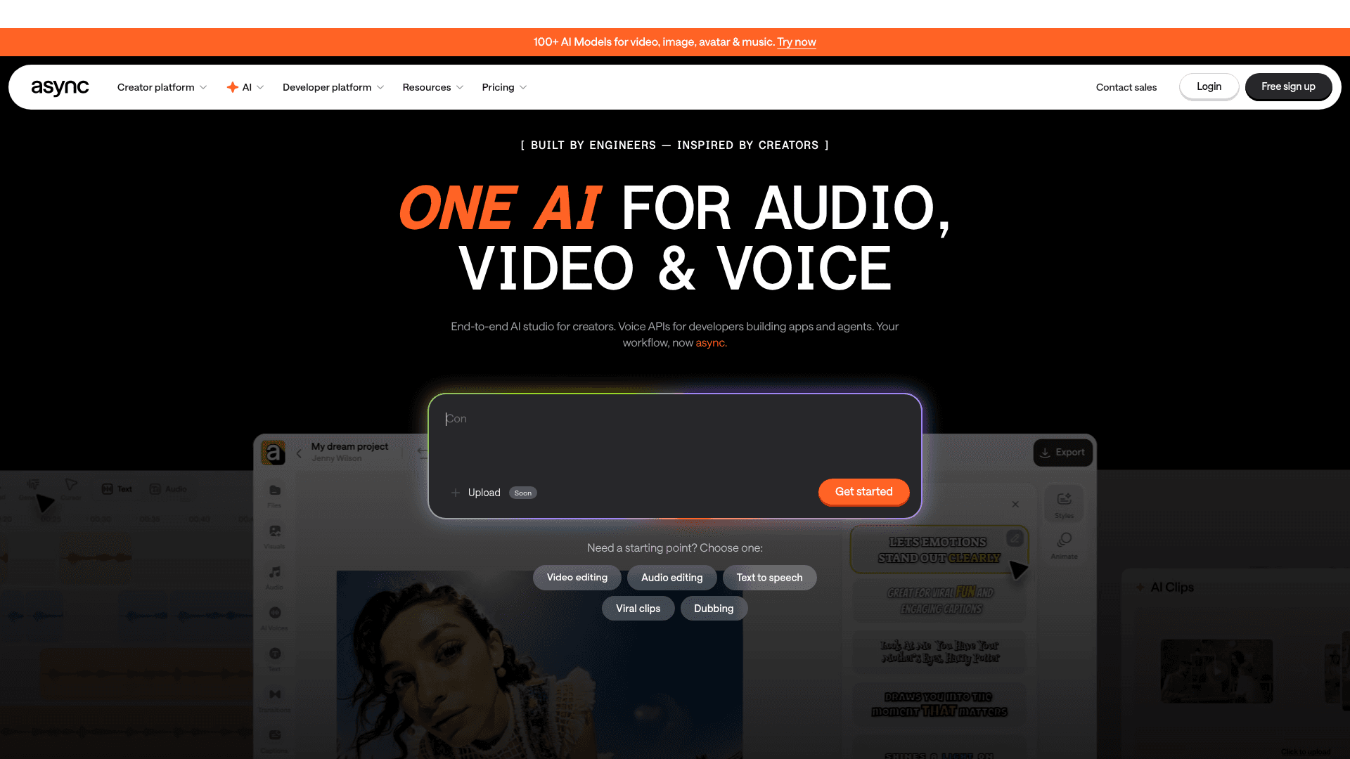 Interface Async, IA Completa para Áudio, Vídeo e Voz, exibindo funcionalidades