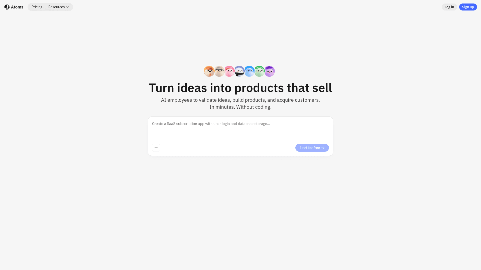 Interface Atoms, Transforme Ideias em Produtos com IA, exibindo funcionalidades