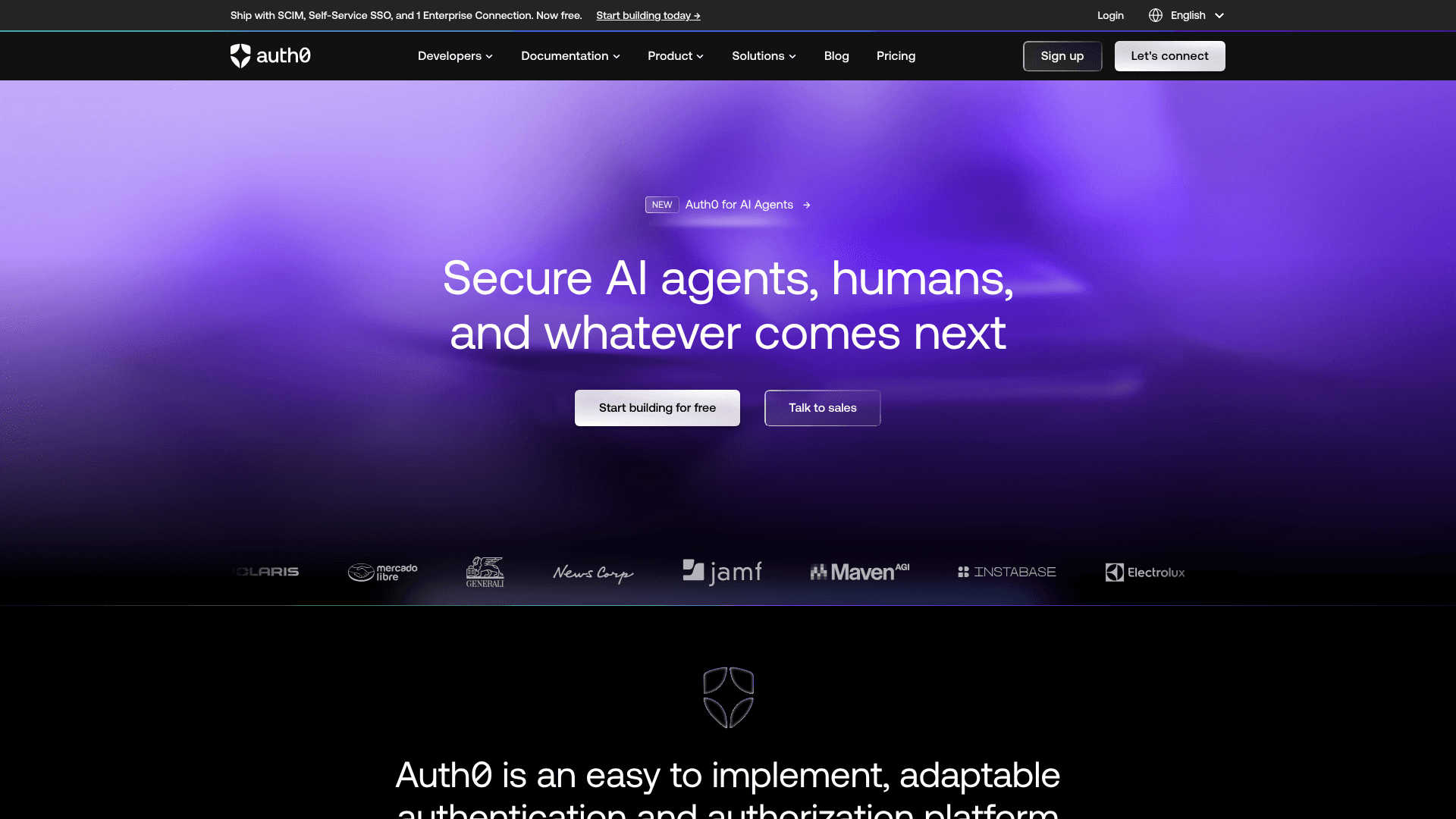 Interface Auth0, Segurança de IA para Agentes e Humanos, exibindo funcionalidades