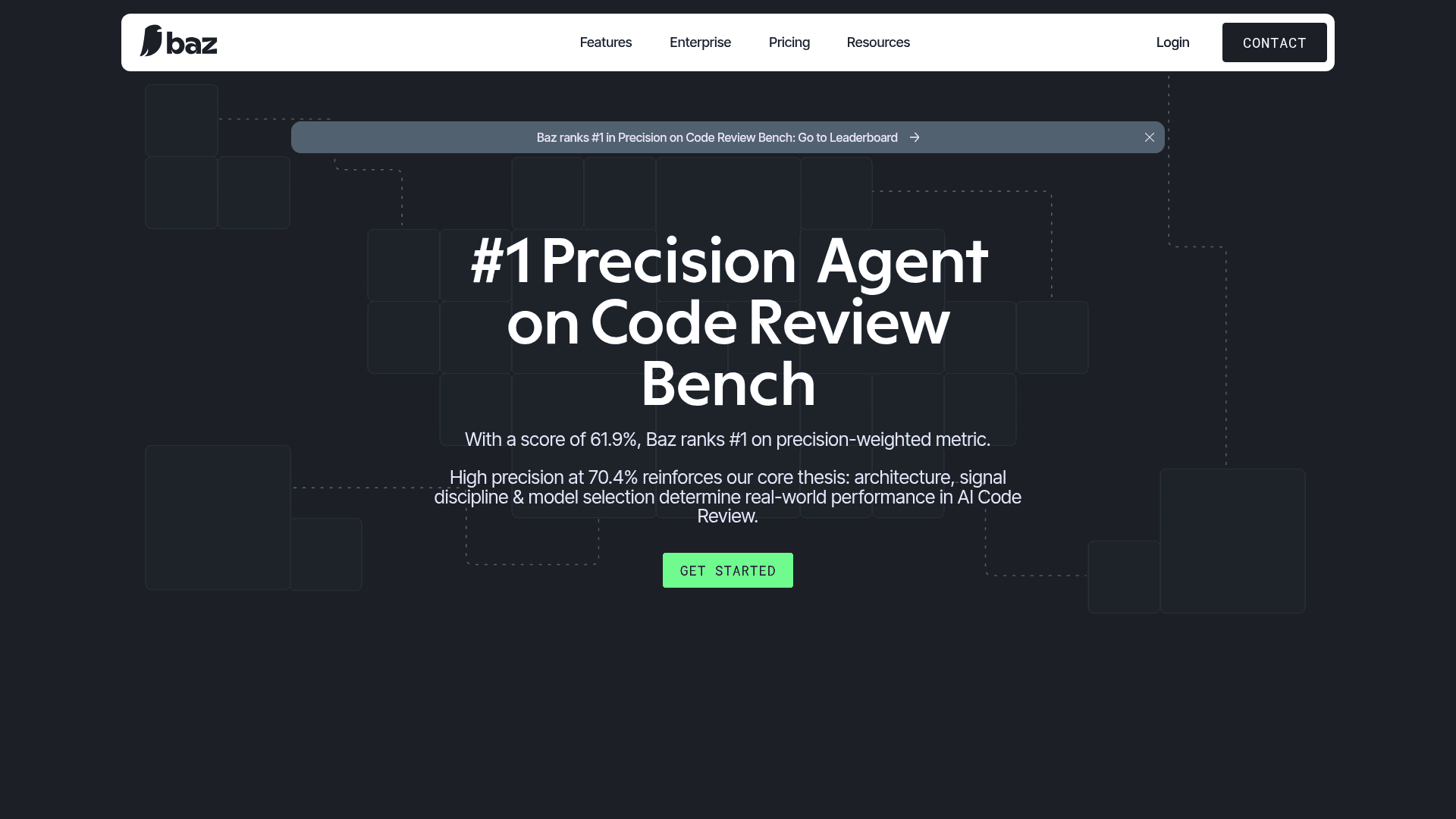 Interface Baz, Agente de Precisão #1 em Revisão de Código com IA, exibindo funcionalidades