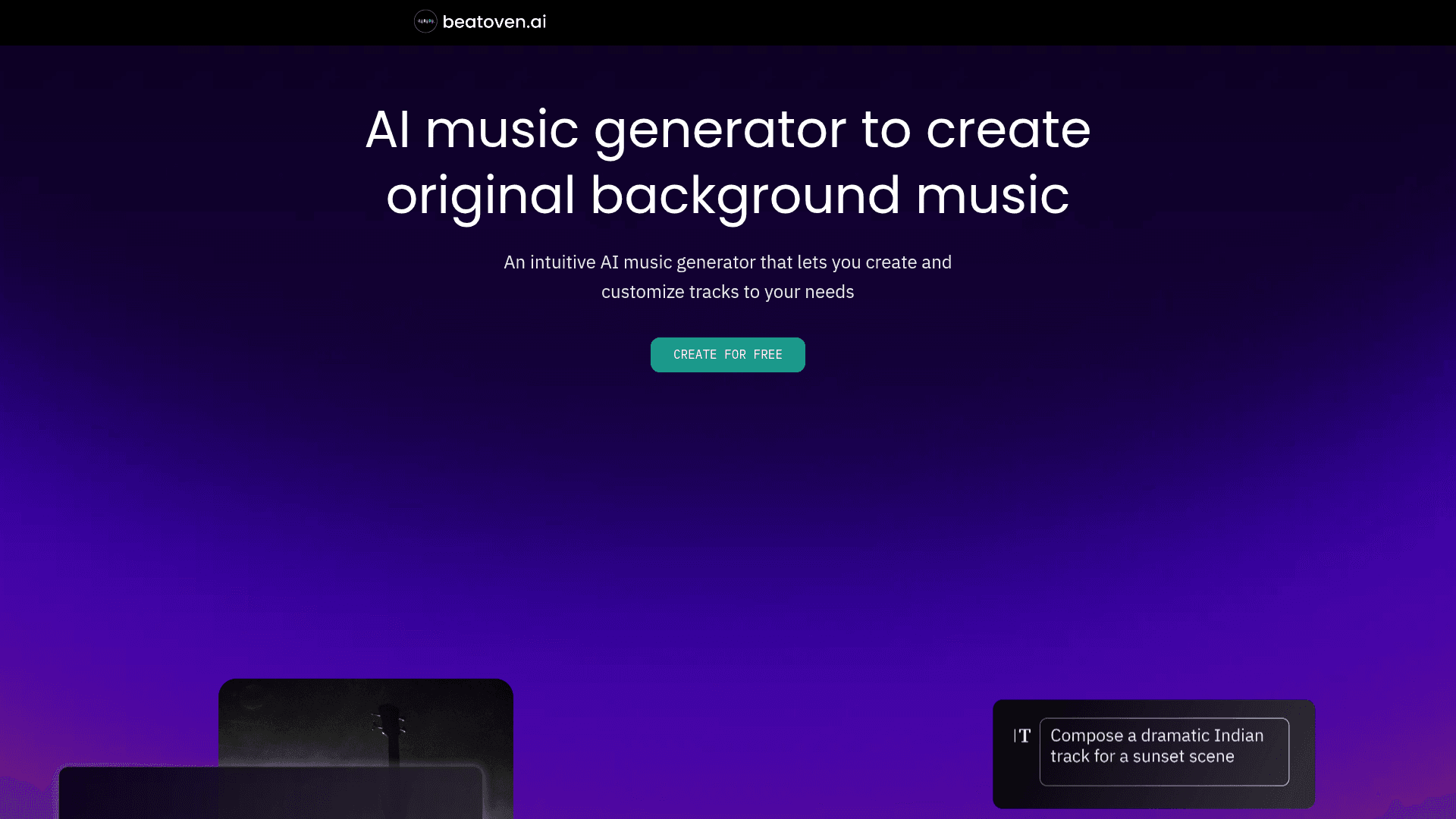 Interface Beatoven.ai, Crie Músicas Originais com IA, exibindo funcionalidades