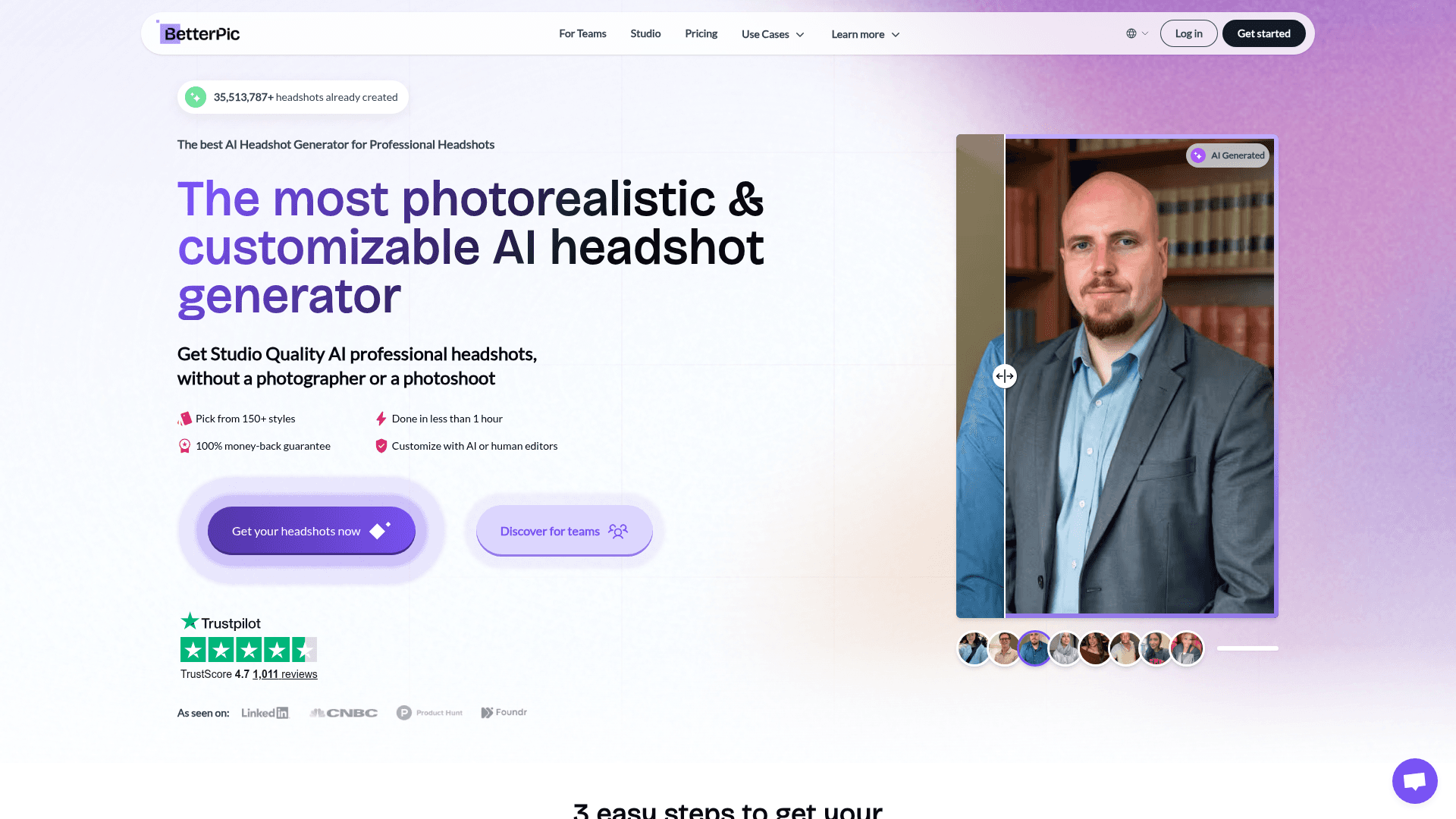 Interface BetterPic, Gerador de Headshots Profissionais com IA, exibindo funcionalidades