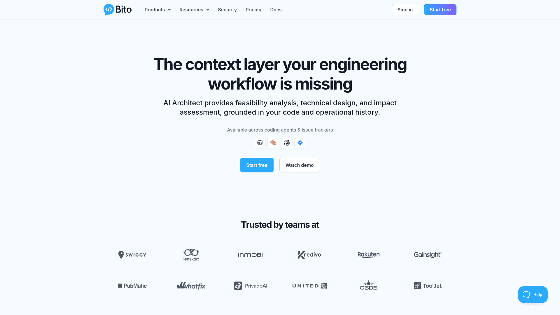 Interface Bito AI Architect, A Camada de Contexto para Engenharia de Software, exibindo funcionalidades