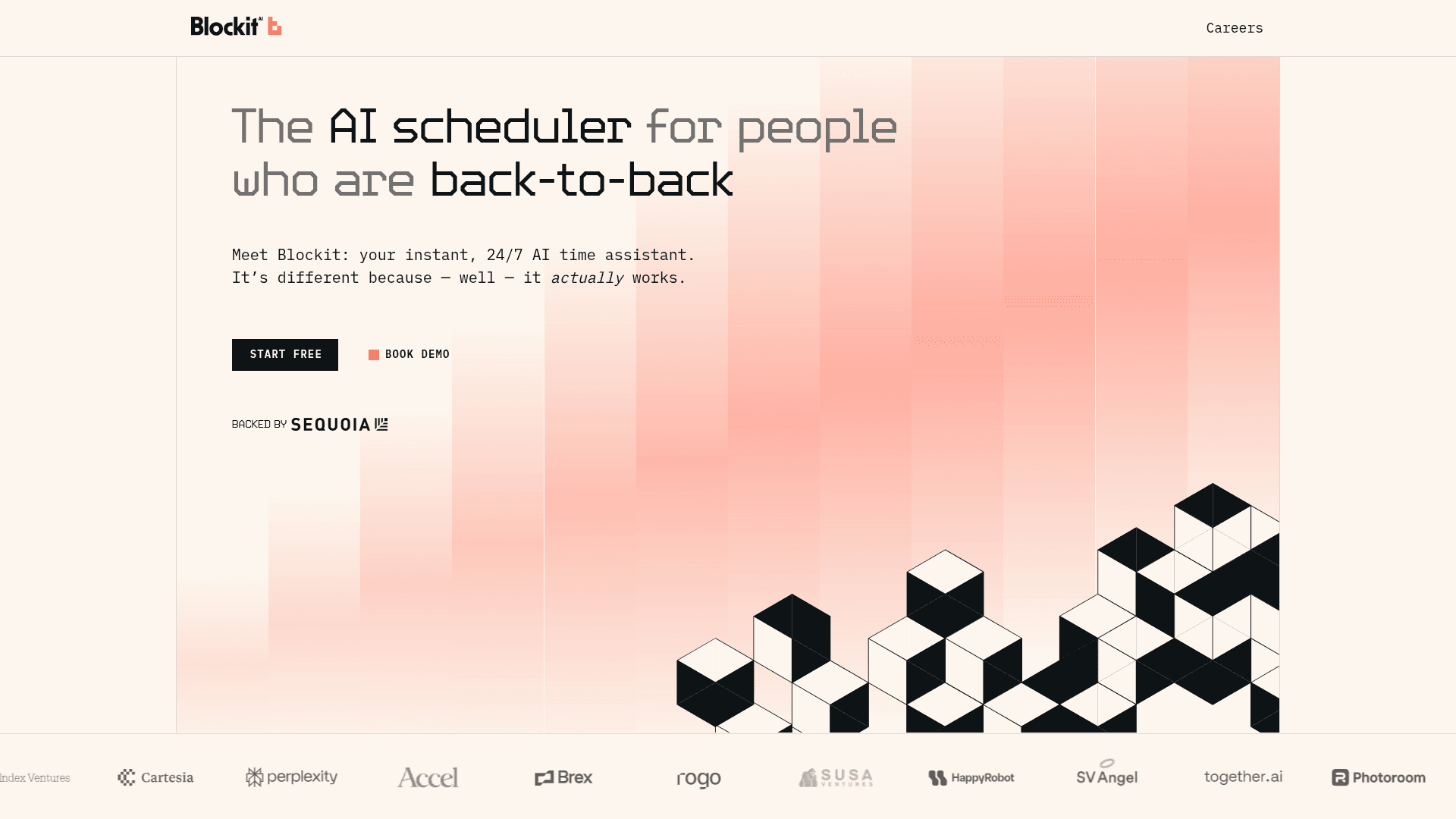 Interface Blockit, O agendador de IA que funciona de verdade, exibindo funcionalidades