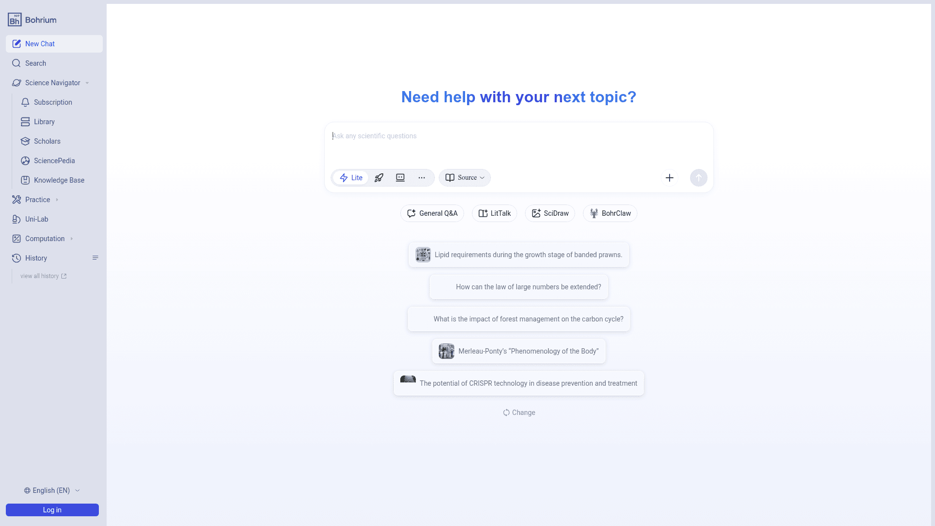 Interface Bohrium, Seu Assistente Científico com IA, exibindo funcionalidades
