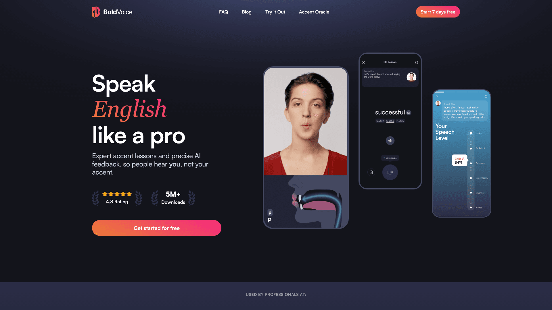 Interface BoldVoice, Aprimore seu Inglês e Reduza Sotaque com IA, exibindo funcionalidades