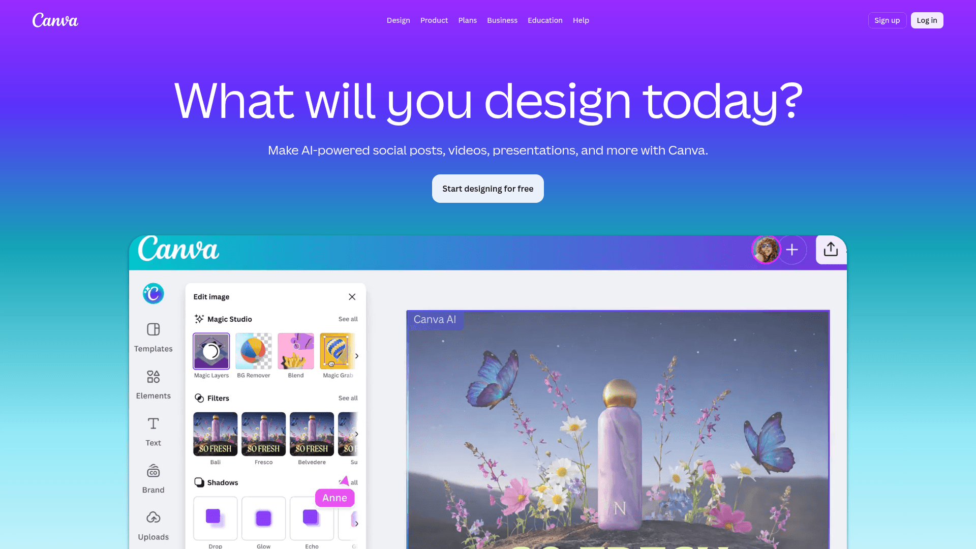 Interface Canva, Crie Designs Incríveis com IA, exibindo funcionalidades