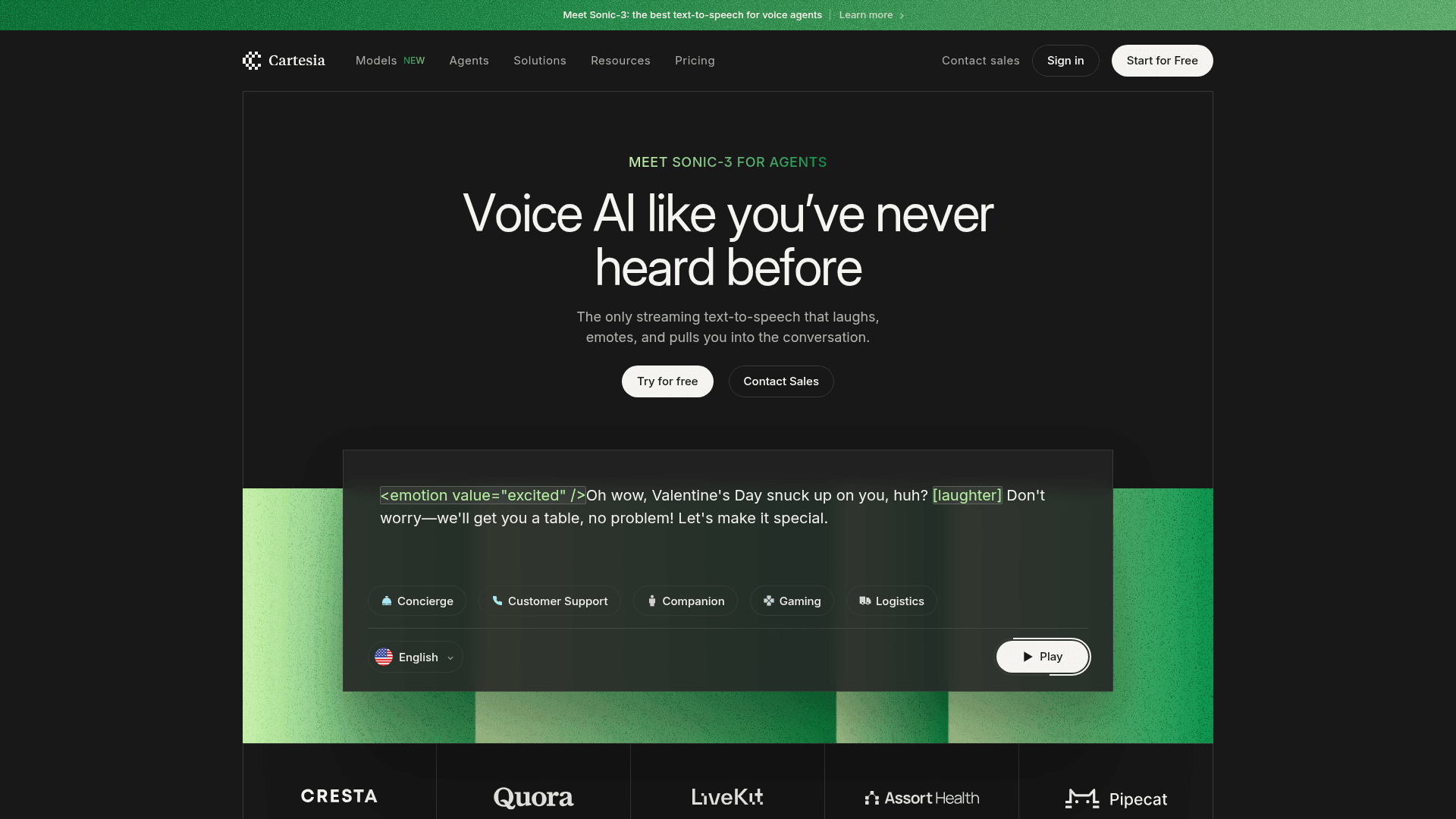 Interface Cartesia AI, Voz Artificial Ultra-Rápida e Personalizável, exibindo funcionalidades