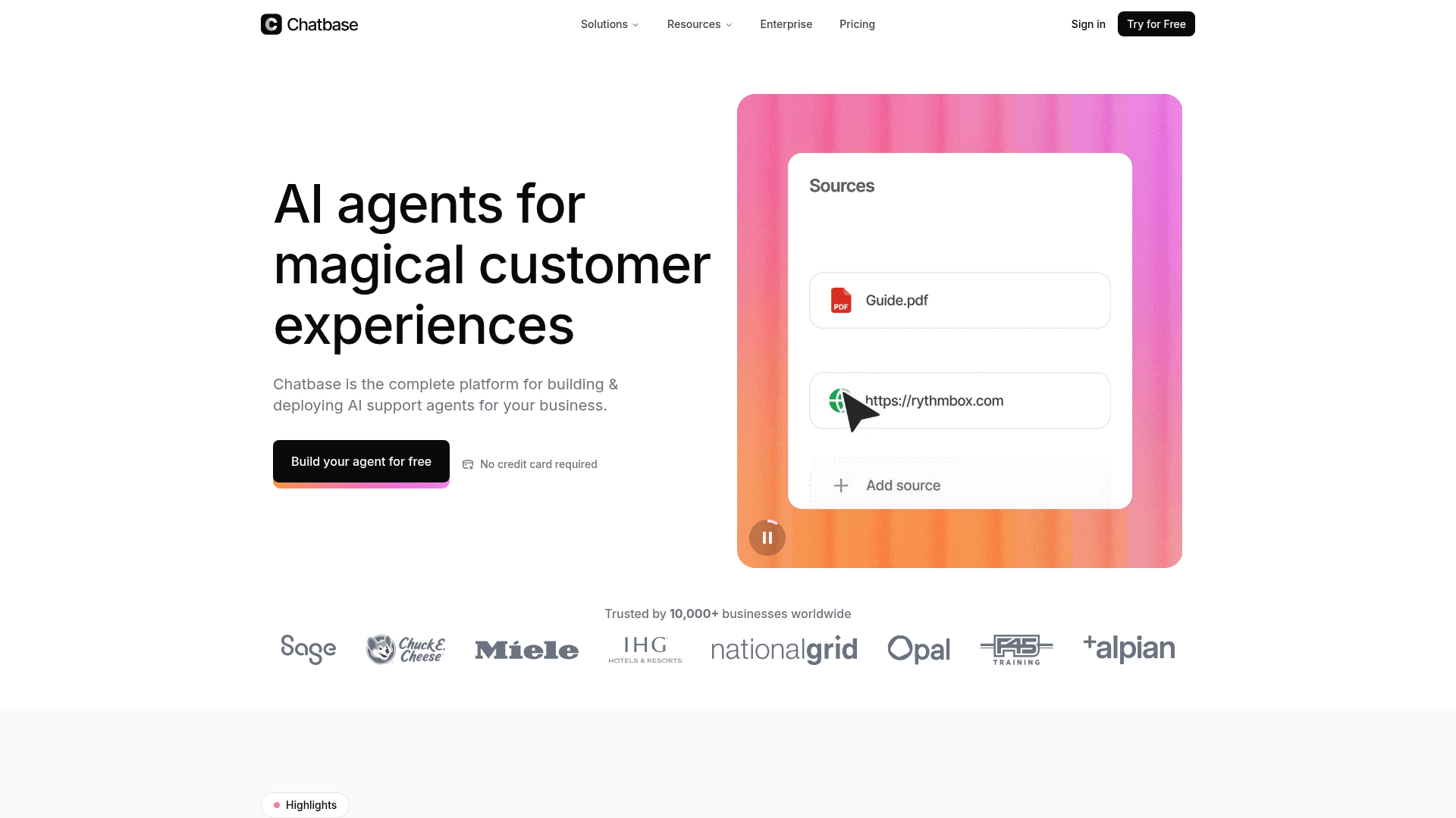 Interface Chatbase, Agentes de IA para Experiências Mágicas, exibindo funcionalidades