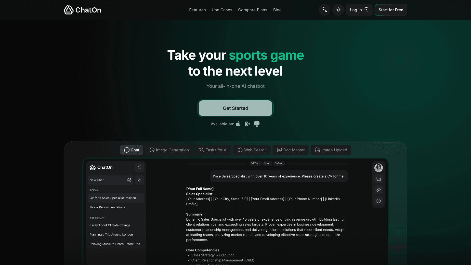 Interface ChatOn, Seu Chatbot de IA Tudo-em-Um, exibindo funcionalidades