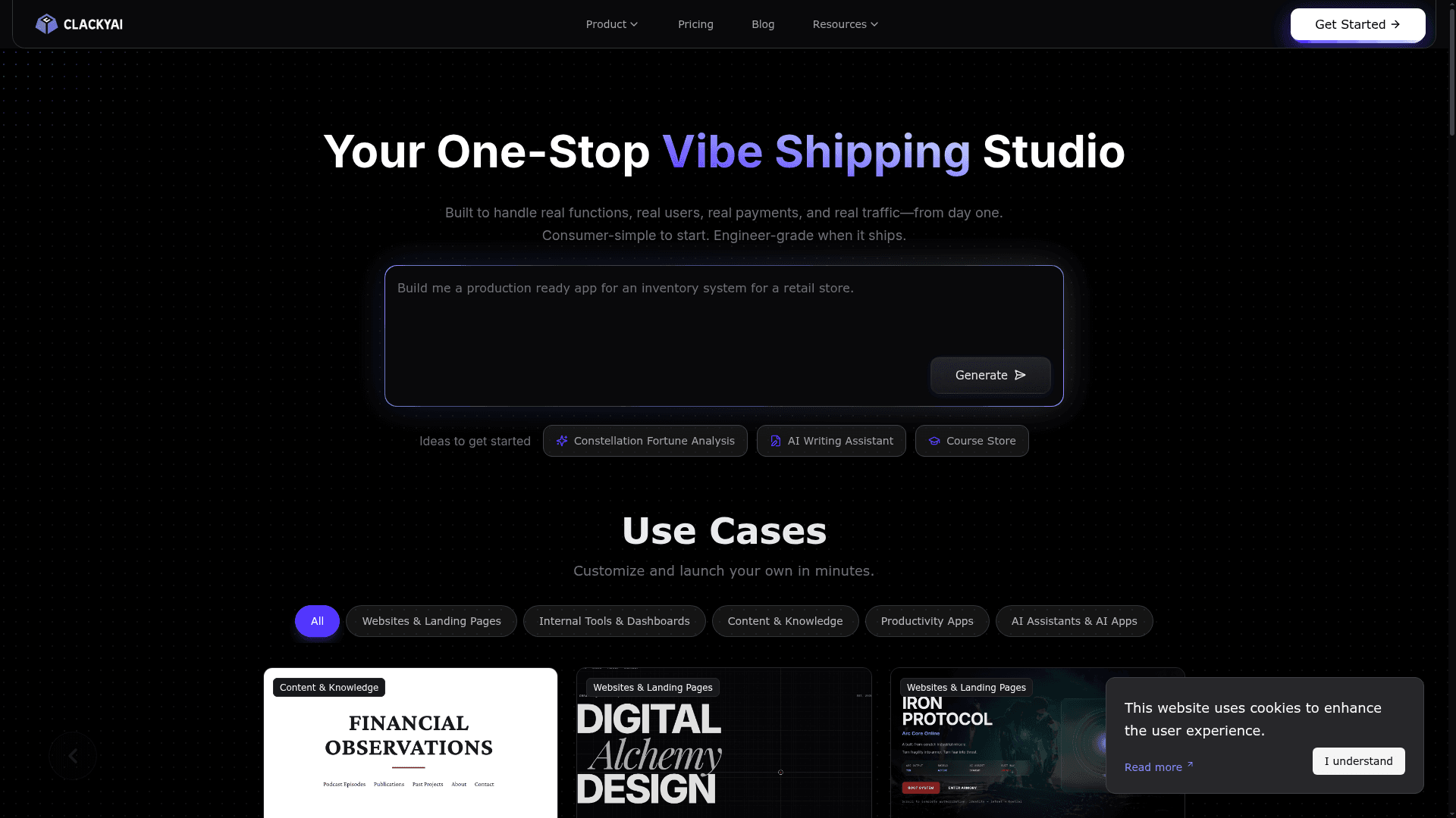 Interface Clacky, Seu Estúdio Completo para Lançamento de Aplicativos, exibindo funcionalidades