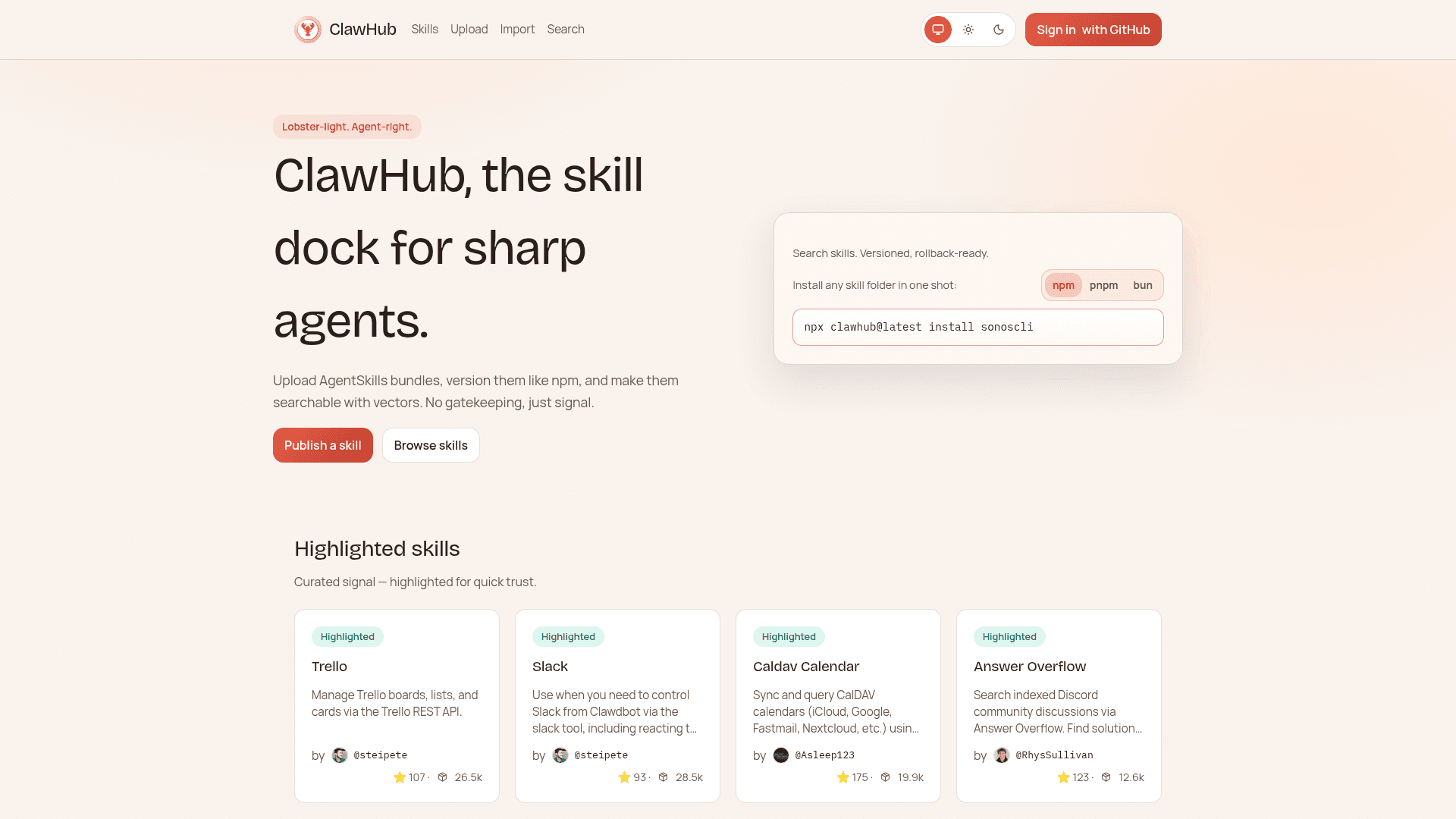 Interface ClawHub, — O npm dos Skills para Agentes de IA, exibindo funcionalidades