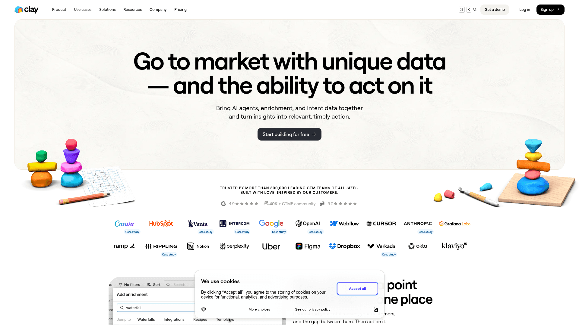 Interface Clay, Dados de mercado únicos e ação inteligente, exibindo funcionalidades