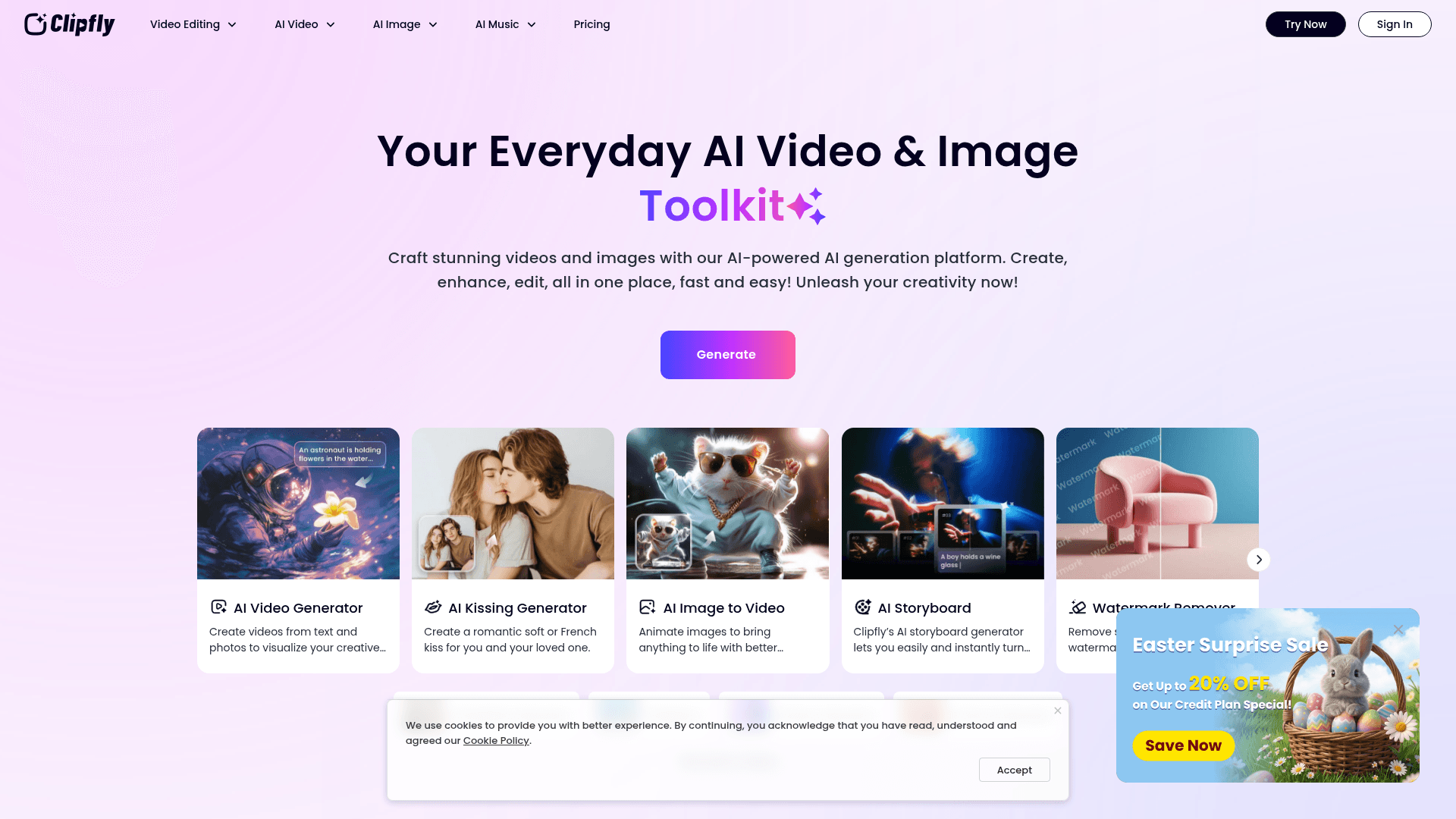 Interface Clipfly, Kit Completo de Edição de Vídeo e Imagem com IA, exibindo funcionalidades