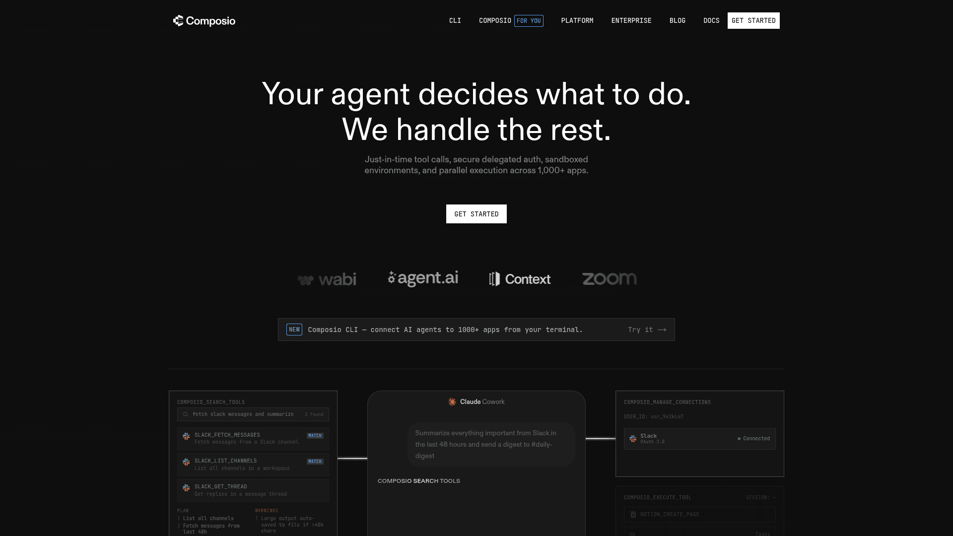 Interface Composio, Seu Agente Decide, Nós Executamos, exibindo funcionalidades