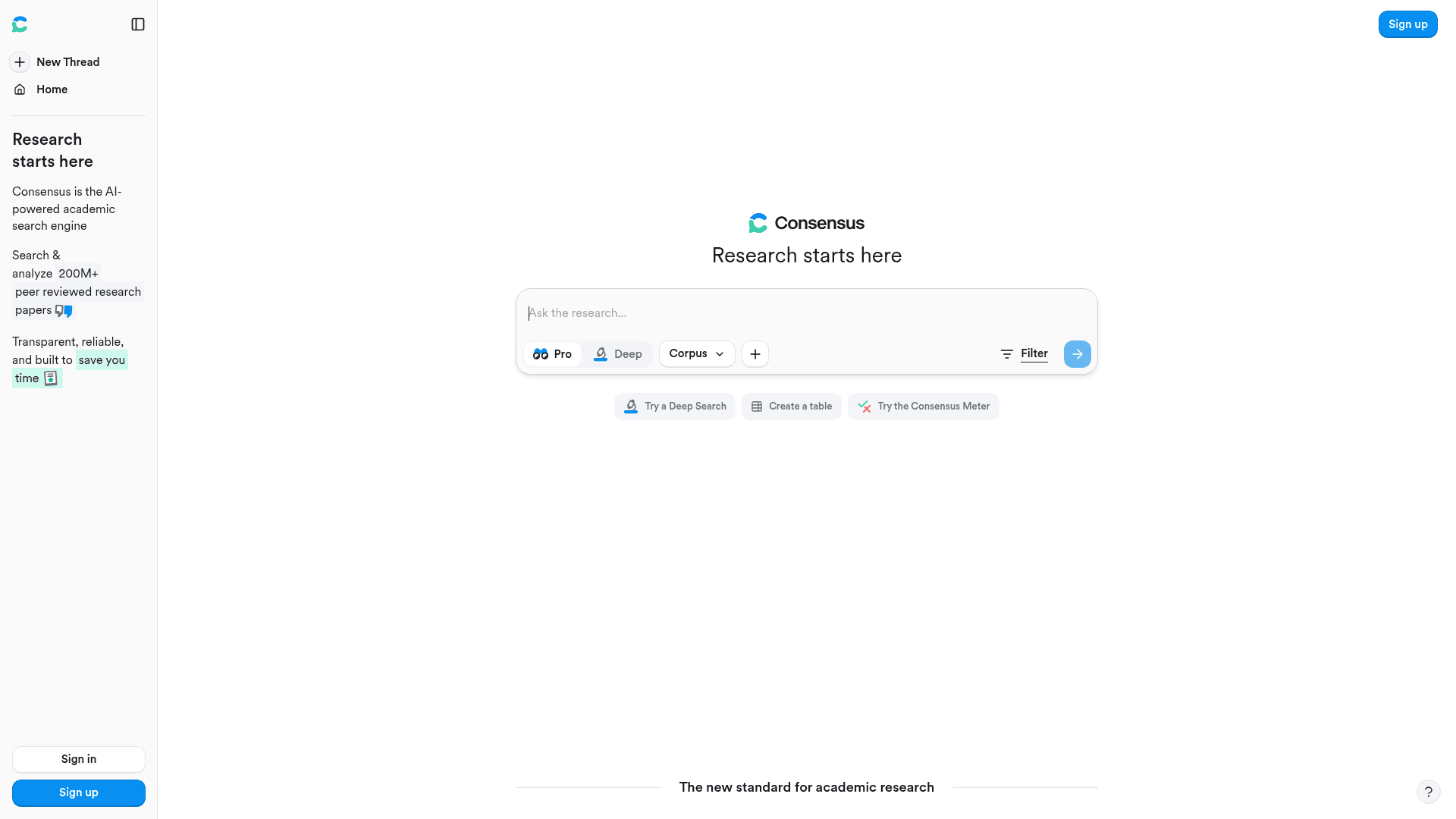 Interface Consensus, Pesquisa Acadêmica Simplificada com IA, exibindo funcionalidades