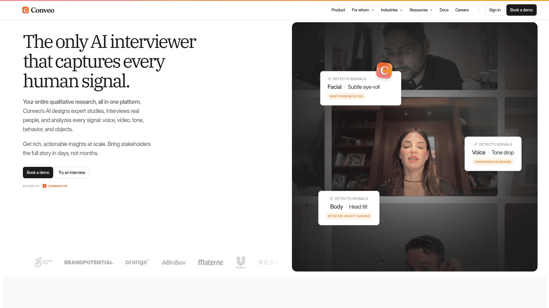 Interface Conveo, Entrevistador IA para Pesquisa Qualitativa, exibindo funcionalidades