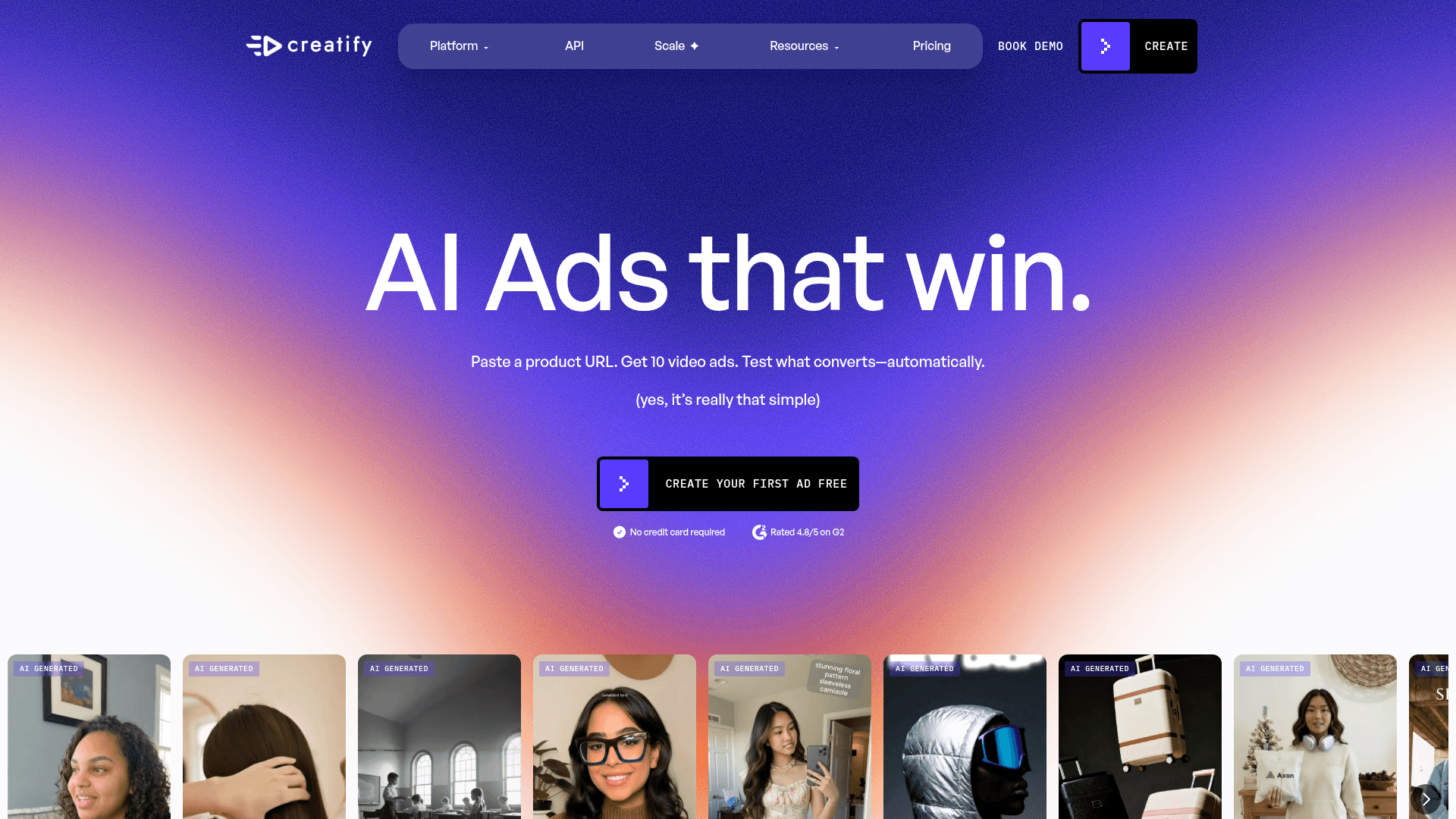 Interface Creatify, Anúncios de IA que Geram Resultados, exibindo funcionalidades
