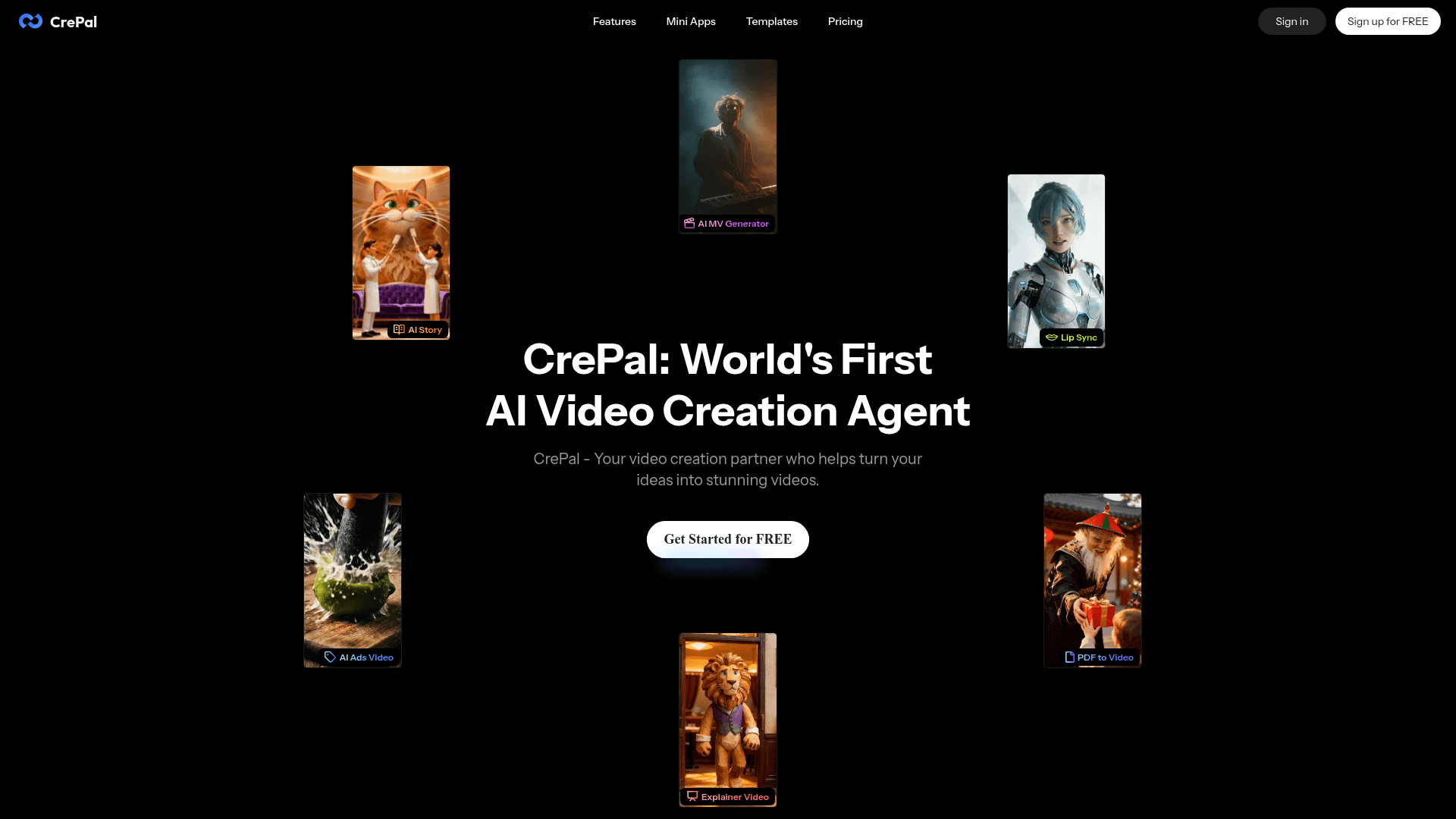 Interface Crepal, AI Agent para Criação de Vídeos Virais, exibindo funcionalidades