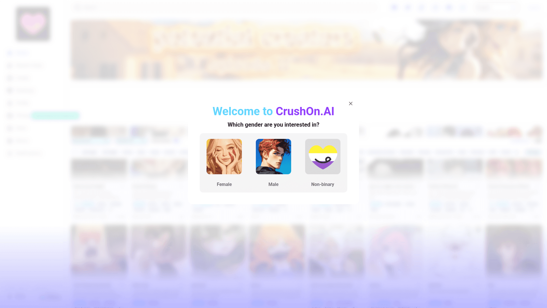 Interface CrushOn.AI, Chat com Personagens IA Sem Filtro, exibindo funcionalidades