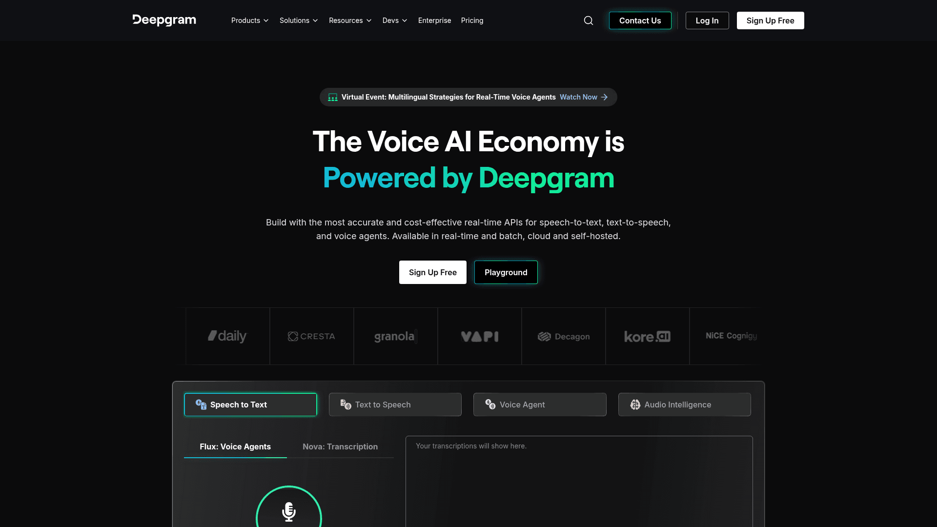 Interface Deepgram, A plataforma líder para IA de Voz, exibindo funcionalidades