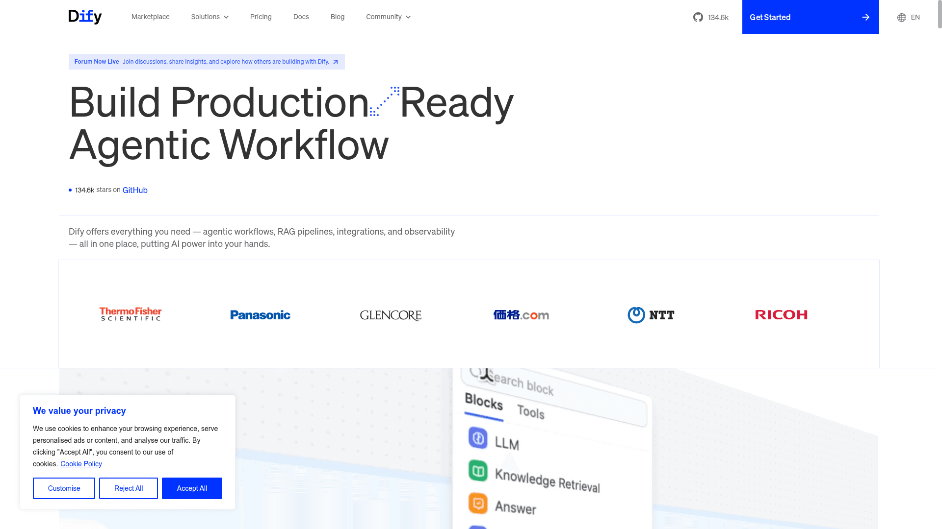 Interface Dify, Construa Agentes de IA Prontos para Produção, exibindo funcionalidades